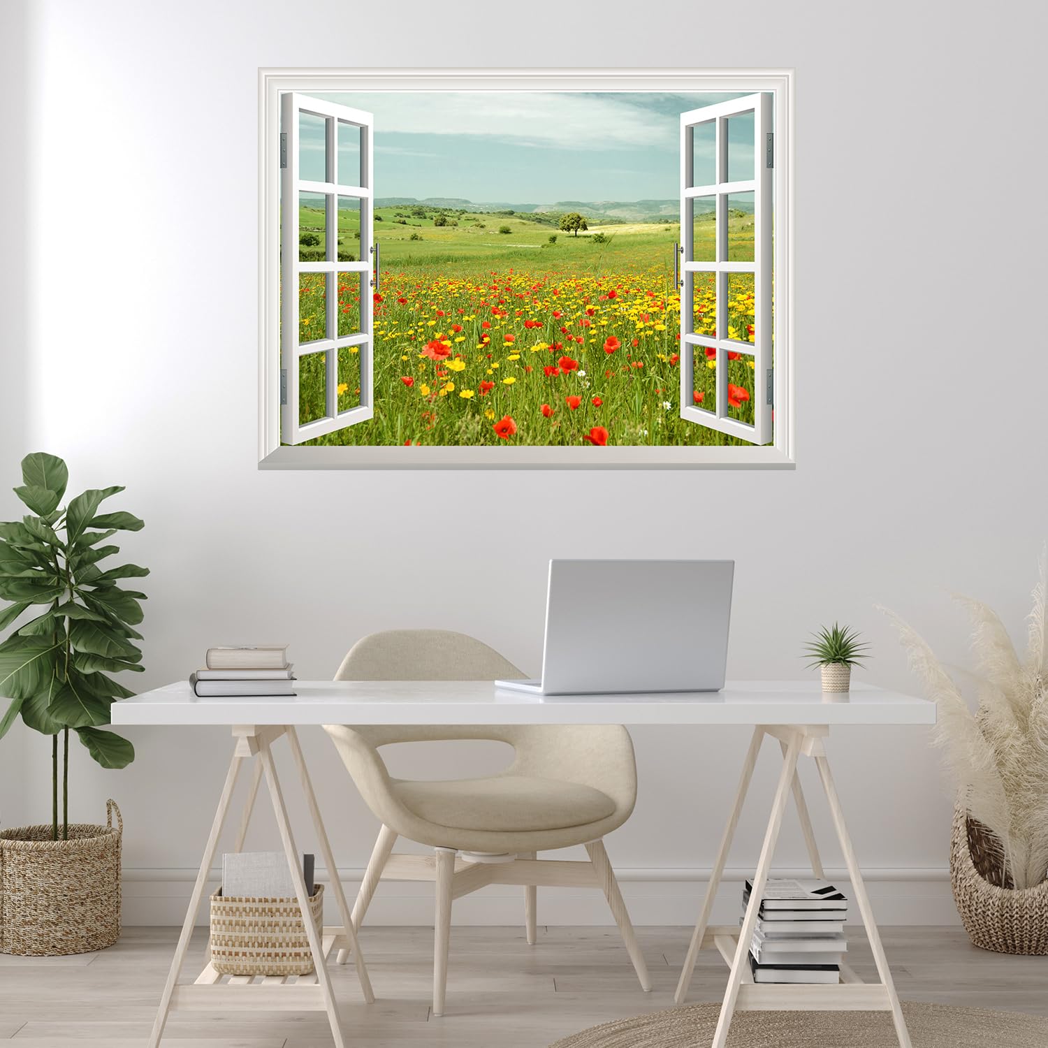 wall26 Entfernbarer Wandaufkleber/Wandbild – Schönes Frühlingsfeld mit Wildblumen | Kreative Fensteransicht Wanddekoration – 91,4 x 121,9 cm