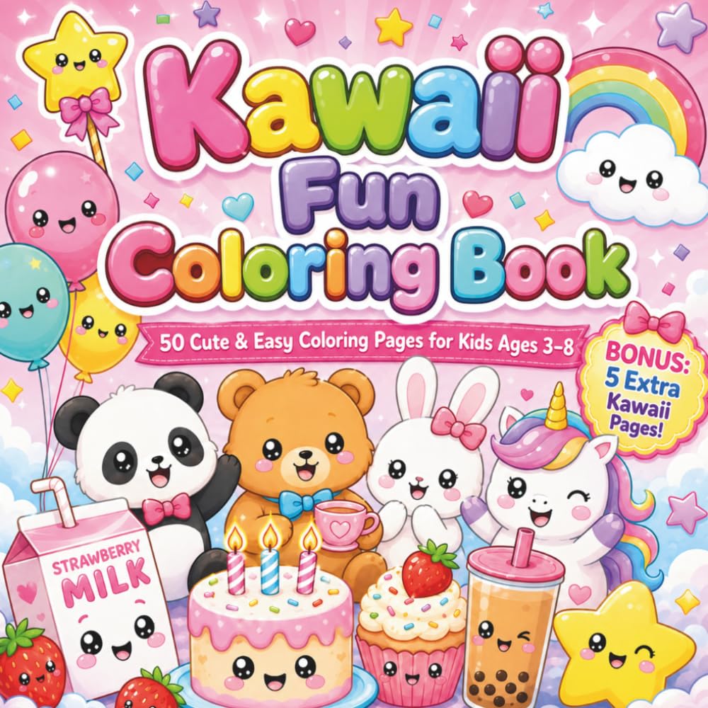 Kawaii Fun Coloring Book: 50 Cute & Easy Coloring Pages with Animals, Food, Unicorns, Boba, and Bonus 5 Extra Kawaii Pages