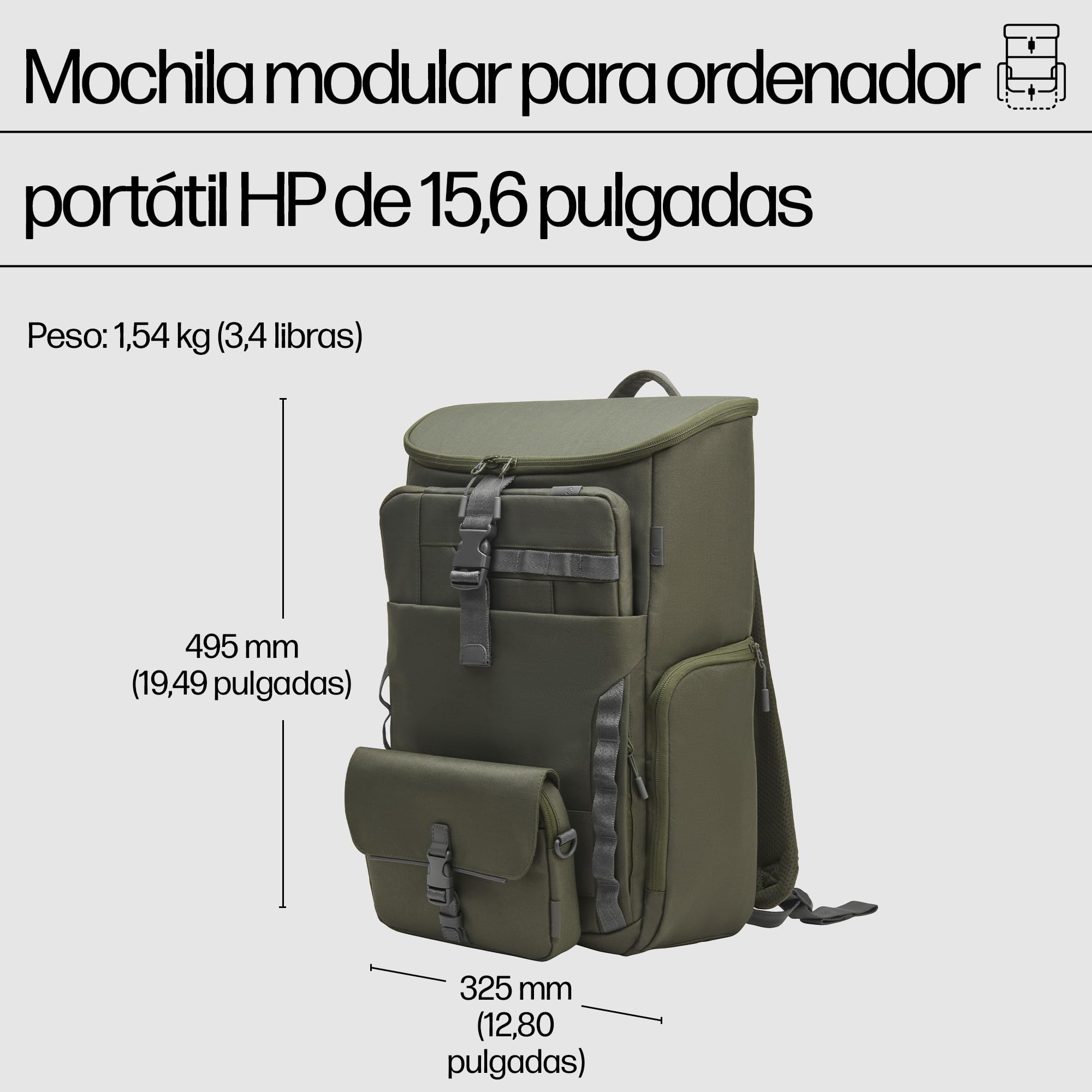 HP Mochila Modular para Portátiles de hasta 15,6", 3 en 1 (Mochila, Funda y Bolso Bandolera Extraíble), Resistente al Agua, Bolsillo con Bloqueo RFID, Cremalleras de Seguridad, 27 L, Verde