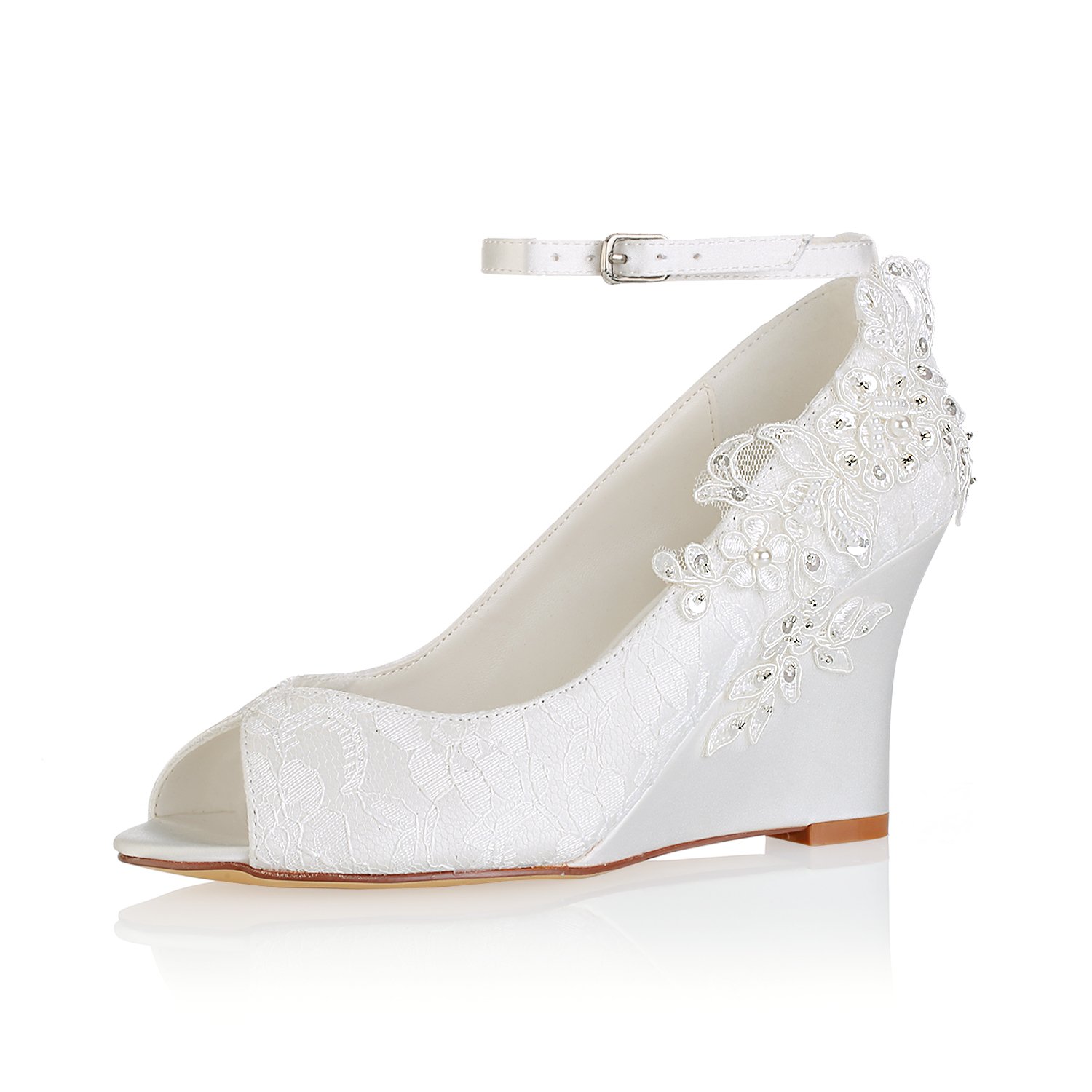 Emily Bridal Lace Wedding Shoes Ivory Peep Toe Flowers Detail Wedge Shoes Ankle Strap Bridal Shoes