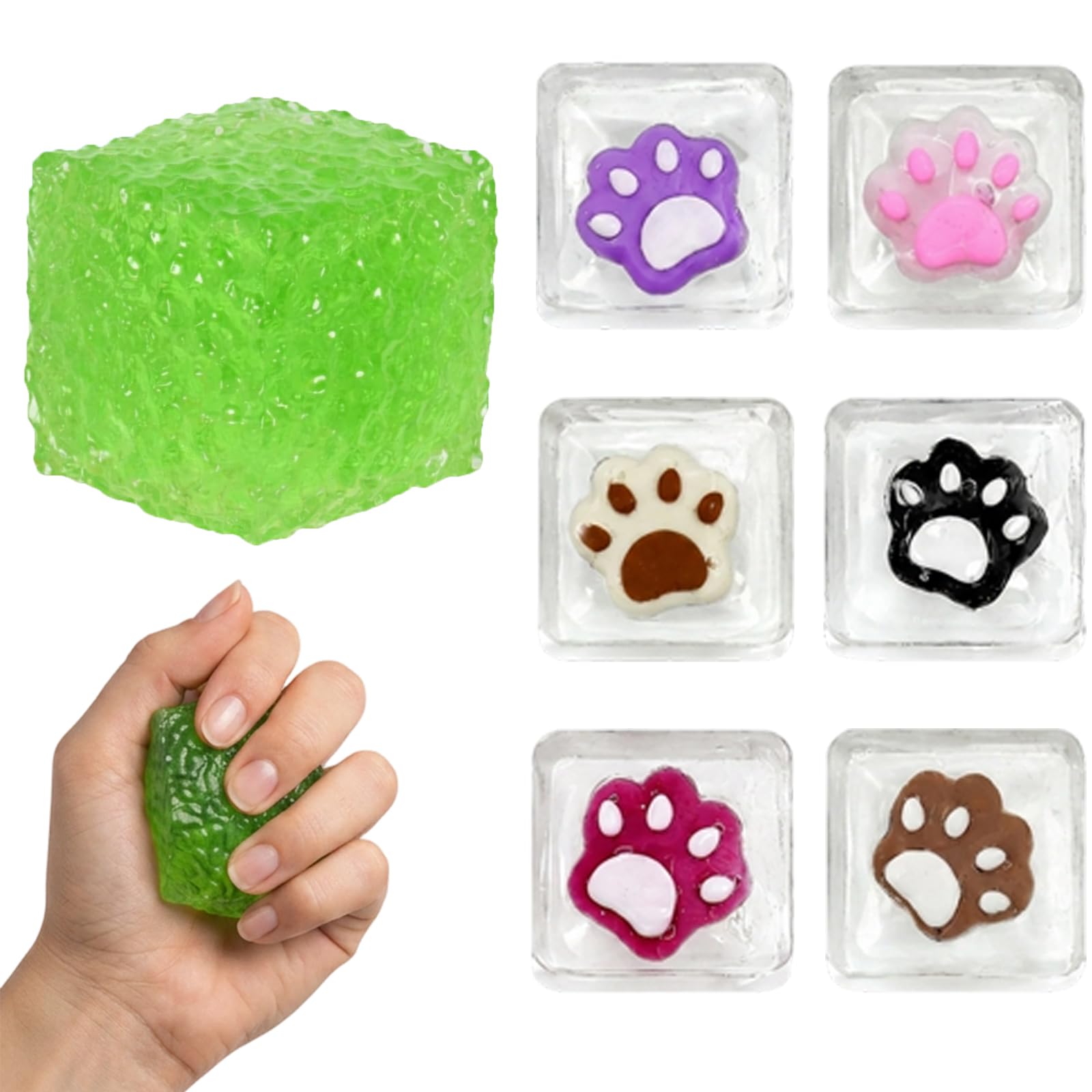 Ice Cube Squishy with Cat Paw Squishies, Green Frosted Cube & Six Mini Cat Paw Ice Cube Squishies, Portable Piece for Daily Relaxation, Suitable for Office, Study and Commute Use