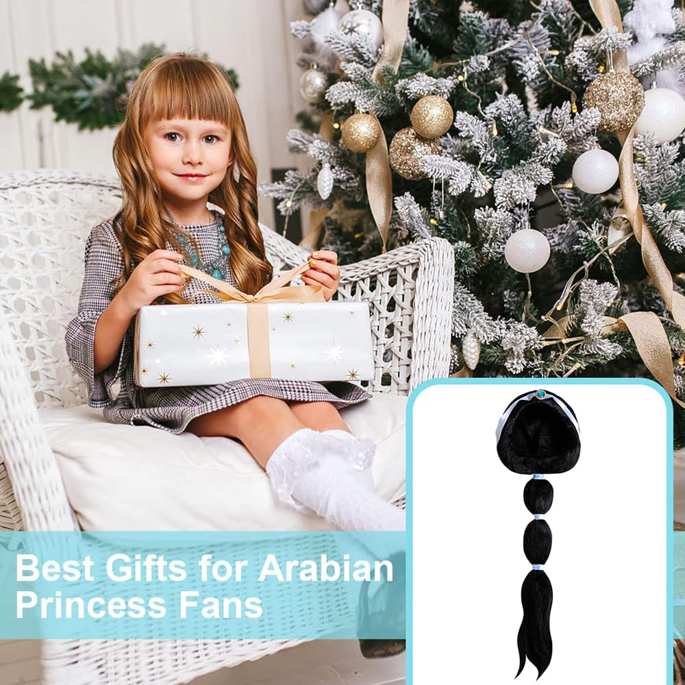 YGCHEN Perruque princesse jasmin pour fille - Accessoire de cosplay - Perruque noire pour Halloween, carnaval, anniversaire d'enfant