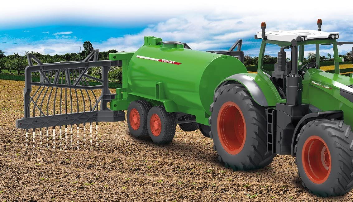 JAMARA 405235 – Fendt wózek beczkowy z rozdzielaczem węża – zbiornik 450 ml, funkcja natrysku wł./wył., hak holowniczy z przodu, ręcznie rozkładany rozdzielacz węża, zielony