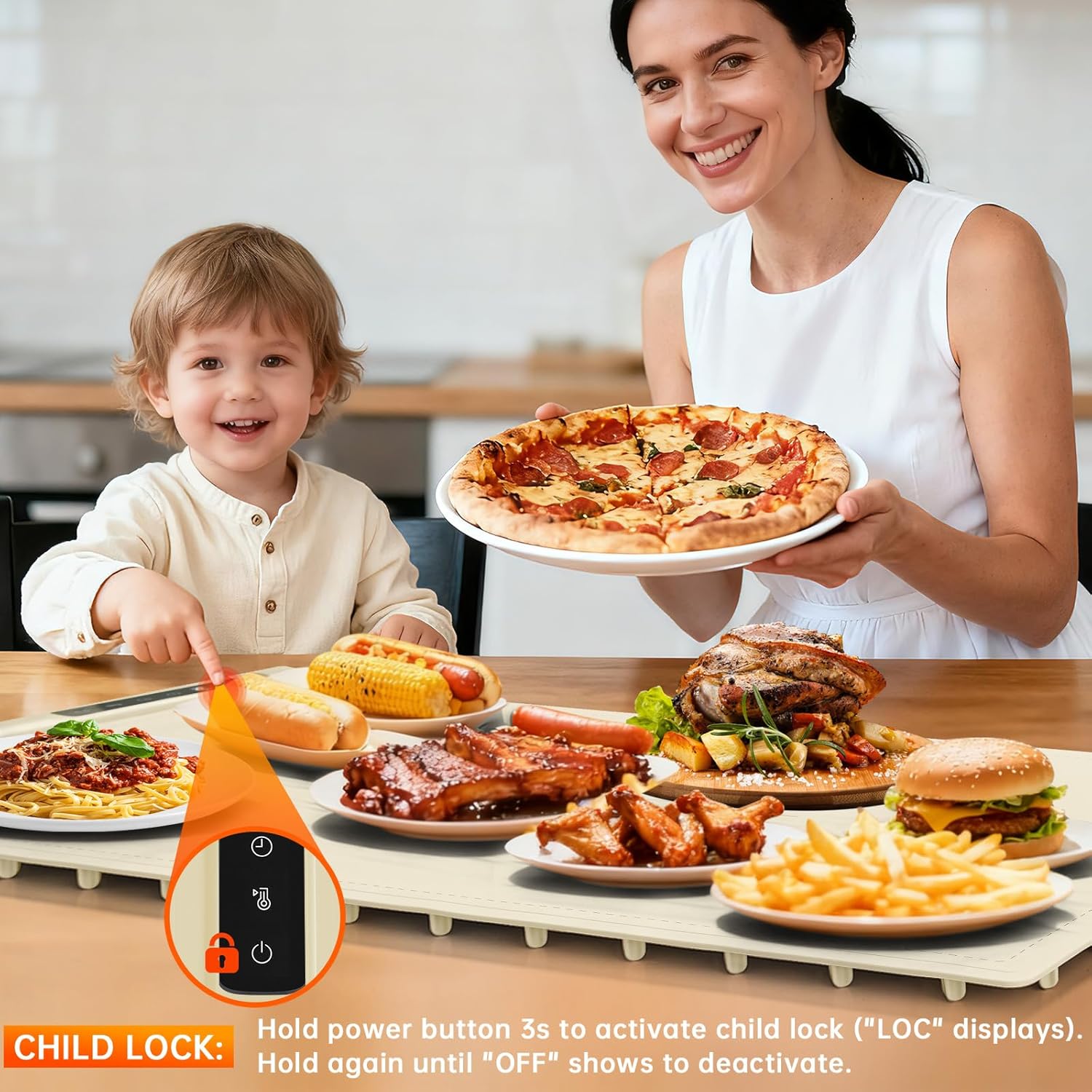 Image demonstrating how to activate the child lock function on the BOMOVA warming mat by pressing the power button for 3 seconds.