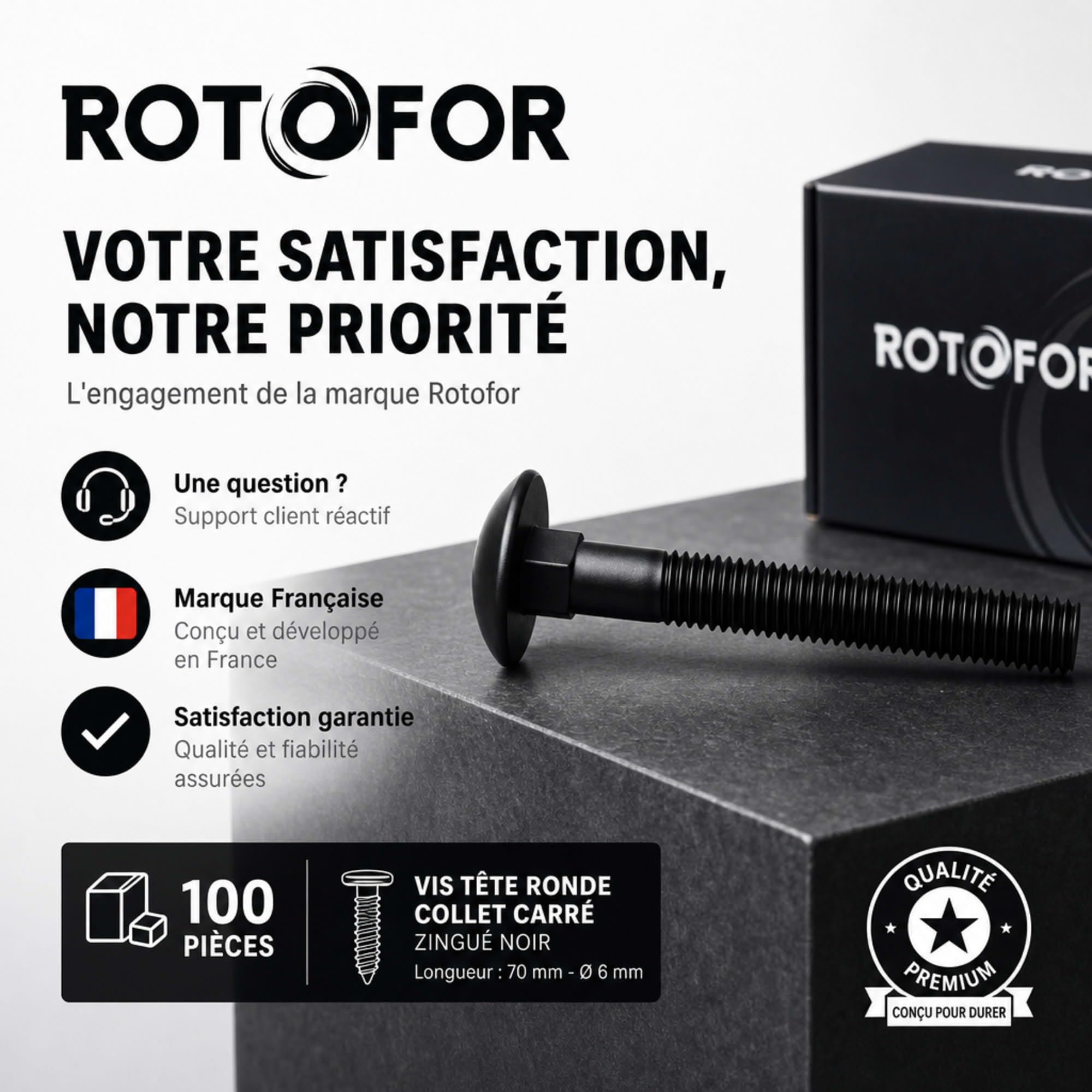 100 Vis tête ronde collet carré zingués Noir - longueur 70 mm