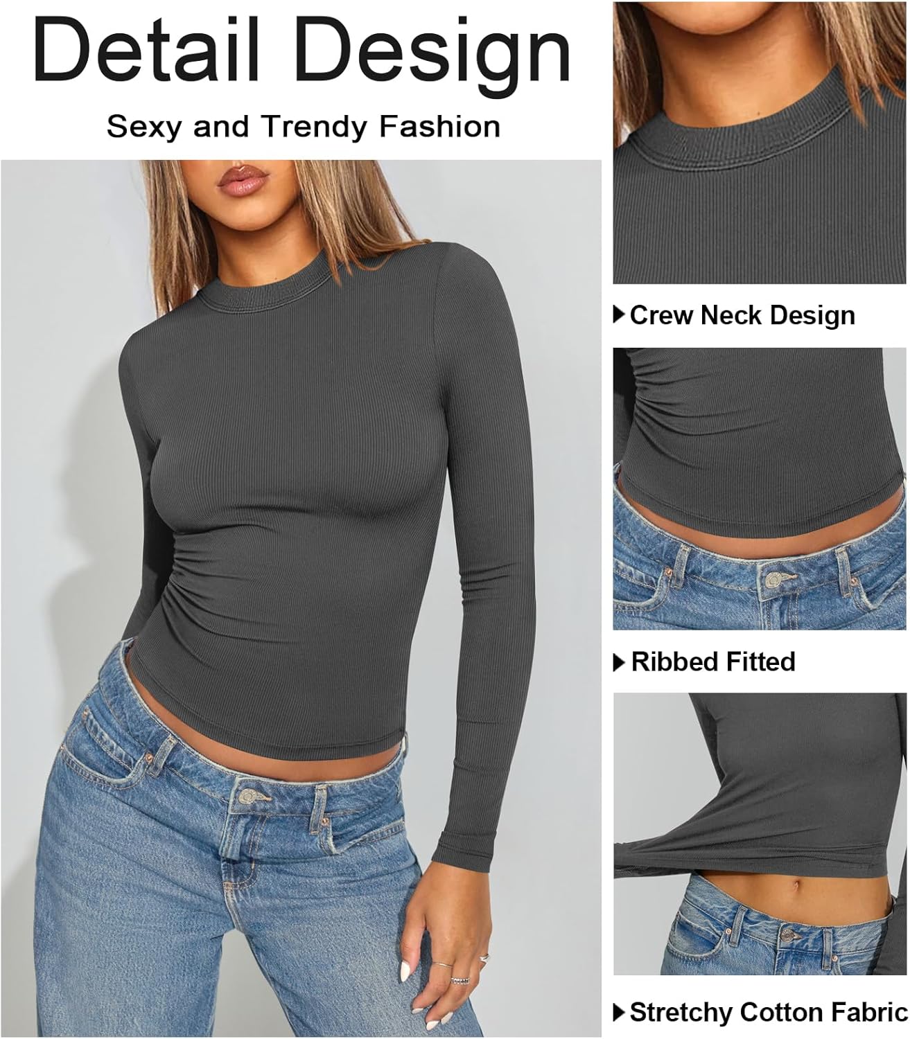 Womens Ribbed Long Sleeve T Shirts Crew Neck Fall Basic Tight Tops Fitted Casual Going Out Workout Cotton Fall Tops - Image 4