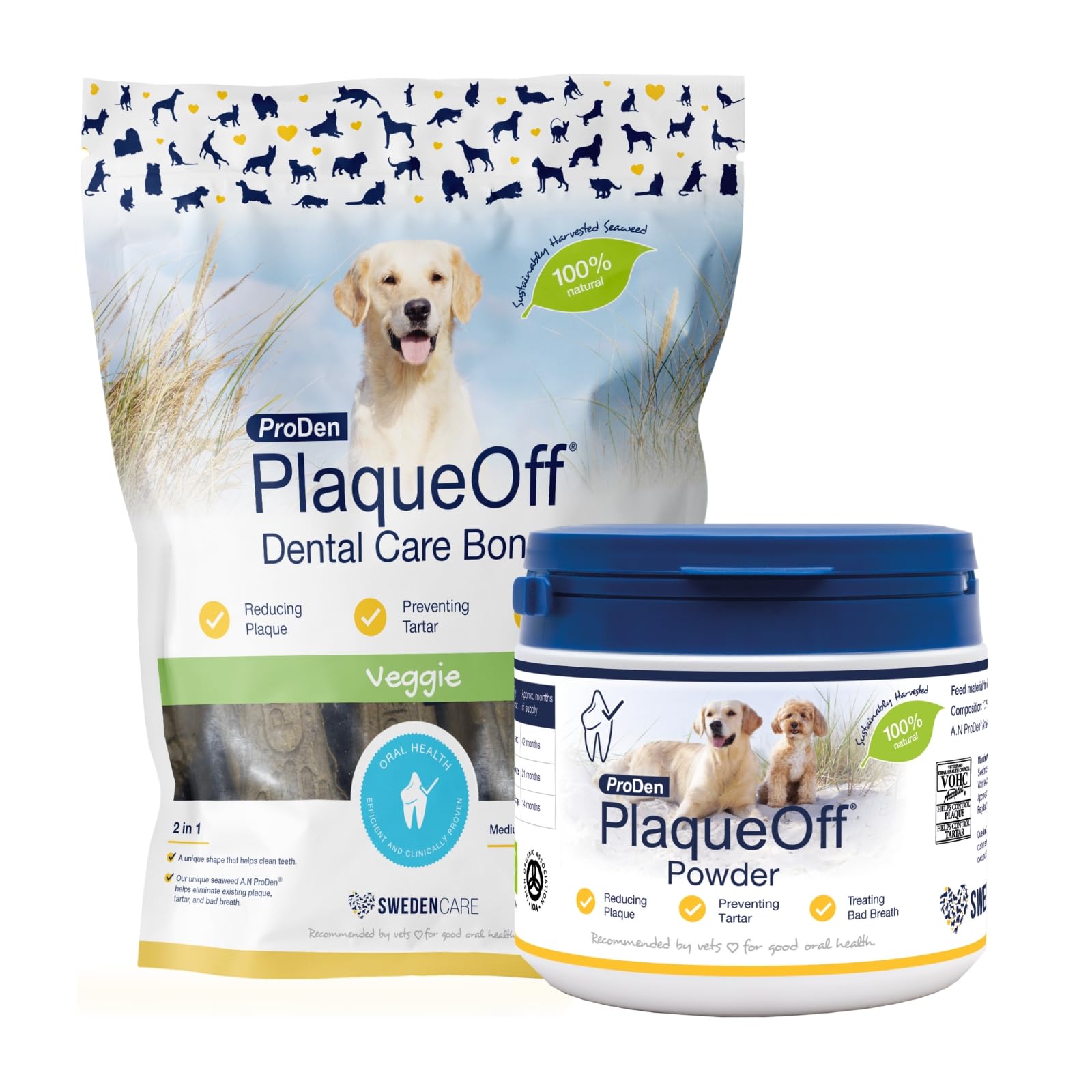 ProDen PlaqueOff Powder for Dogs & Cats, Tartar & Bad Breath Remover with 100% Natural Teeth Plaque Remover (420g Powder with 13 Veggie Bones - Bundle)