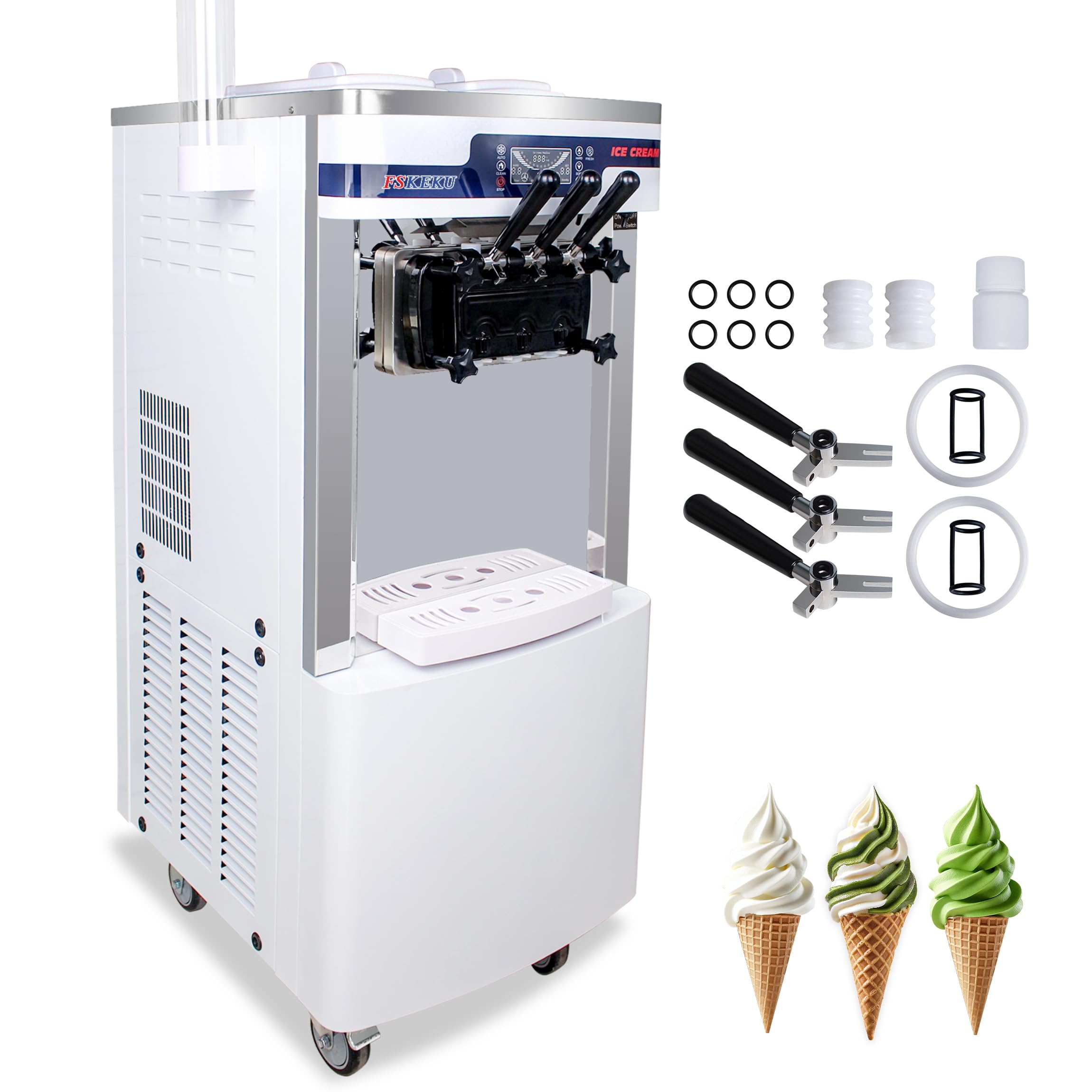 High-Efficiency Commercial Soft Serve Ice Cream Machine - 20-28L H Capacity Auto Clean 3 Flavors LED Display Ideal