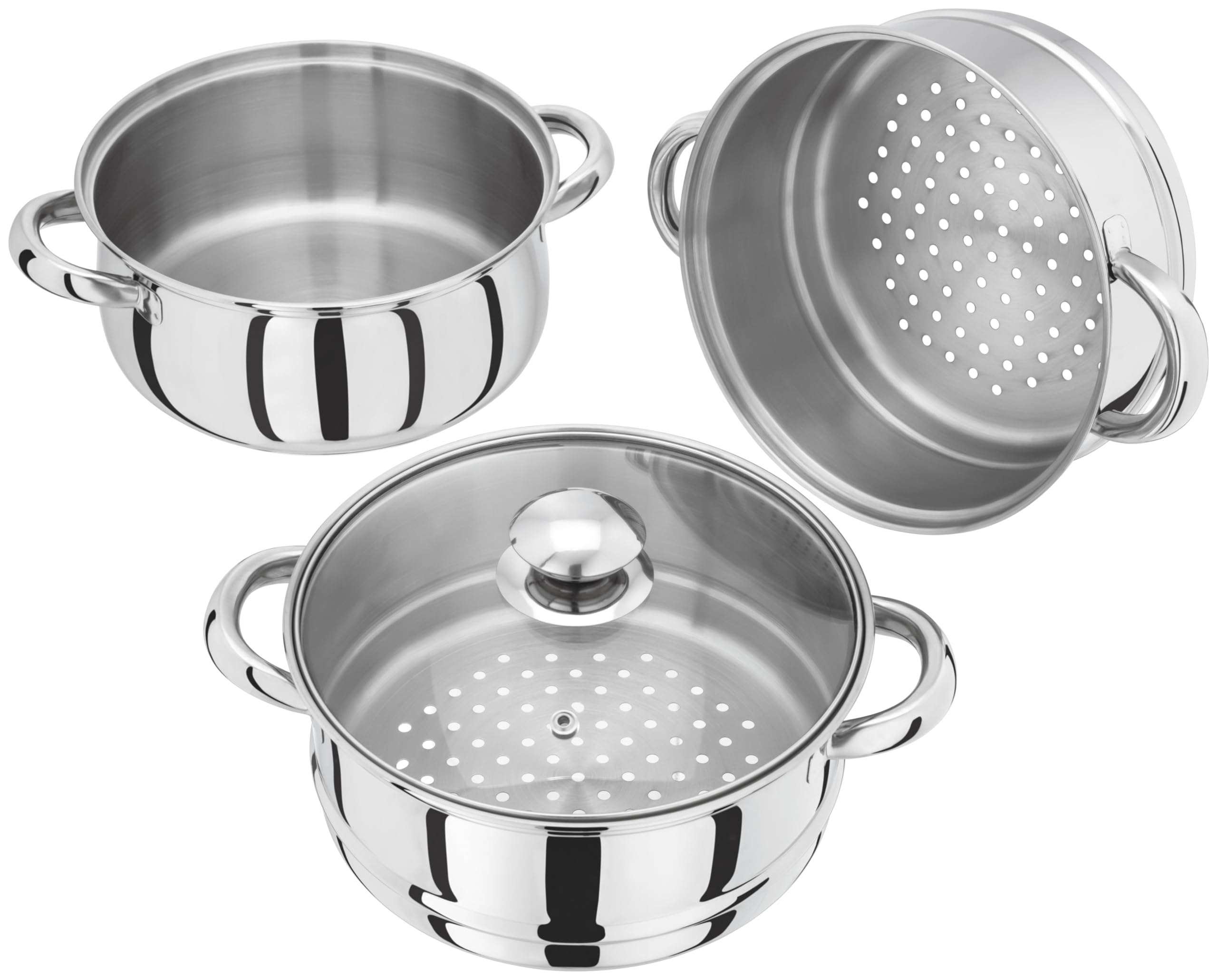 Judge Essentials Edelstahl Dampfgarer Topf, 3 Ebenen, Thermoboden & Ventilierter Glasdeckel, Ofenfester Gemüsedampfgarer mit Kühl Bleibenden Griffen - Energiesparend, Induktionsfähig – 20 cm