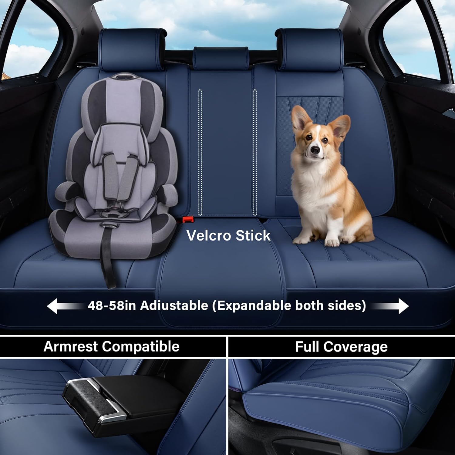 Coverado Car Seat Covers Full Set, 5 Piece Car Seat Protector with Lumbar Support & Removable Headrest, Breathable Leather Front Rear Seat Cushion Universal Fit for Truck Automotive Blue