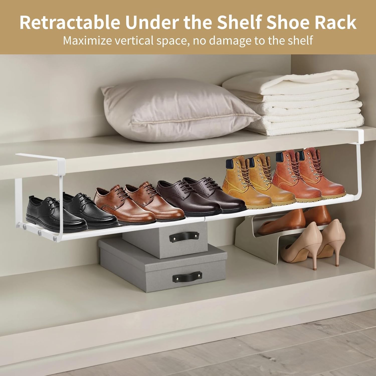 Expandable Under Cabinet Shoe Organizer, Retractable Under Shelf Shoe Rack, No Drilling Adjustable Hanging Storage Rack for Pantry Cupboard
