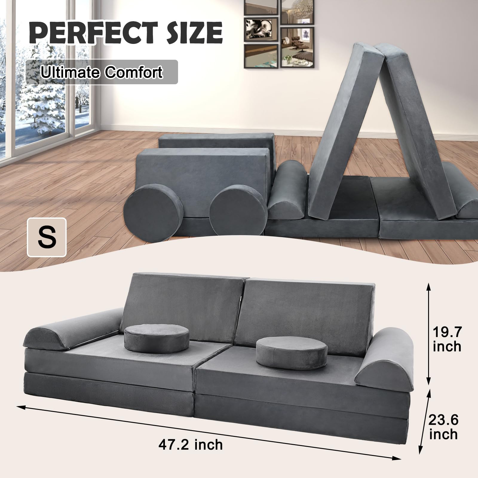 Spielsofa für Kinder,Kindersofa aus 10 Schaumstoff Bausteine, Flexibel Kombinierbare Kinder Couch Modulares Spielsofa zum Spielen, Kreativsein, Schlafen(120CM)
