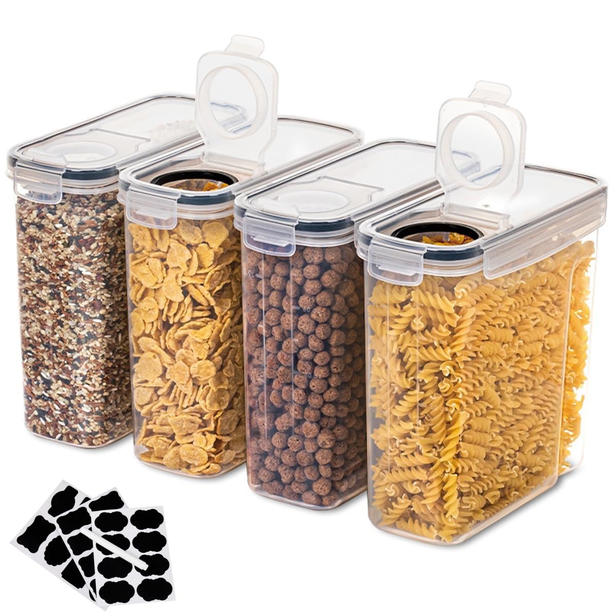 BokSung 2.5L Cereal Containers Storage with Flip-Top Lids, 4pcs Airtight Food Storage Canister Sets with Label Stickers for Kitchen Pantry Counter Organization, Oats, Flour, Sugar, BPA Free