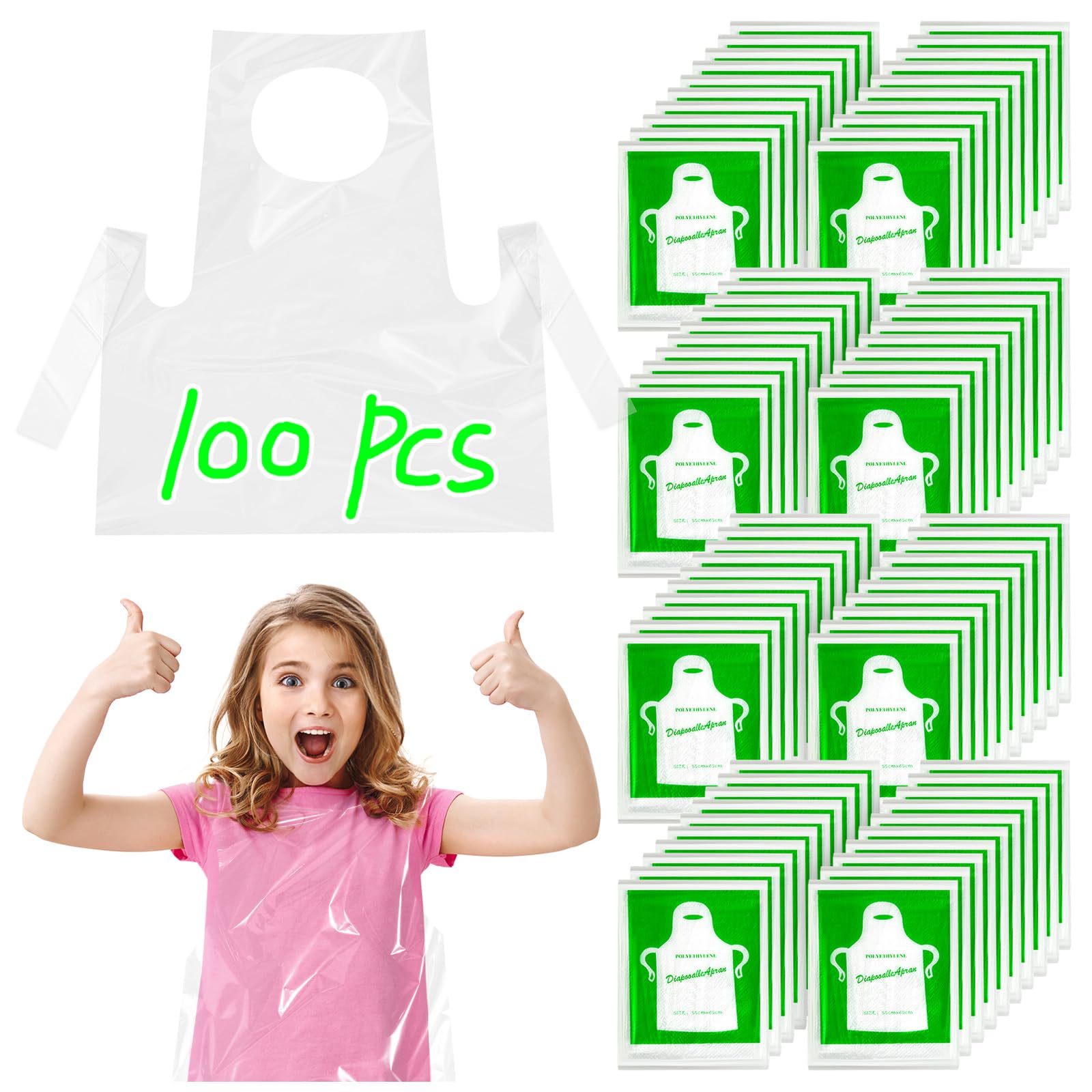 SYOZPXY 100Pcs Disposable Kids Apron, Disposable Children's Art Waterproof Overalls, Teenagers Clear Plastic Apron