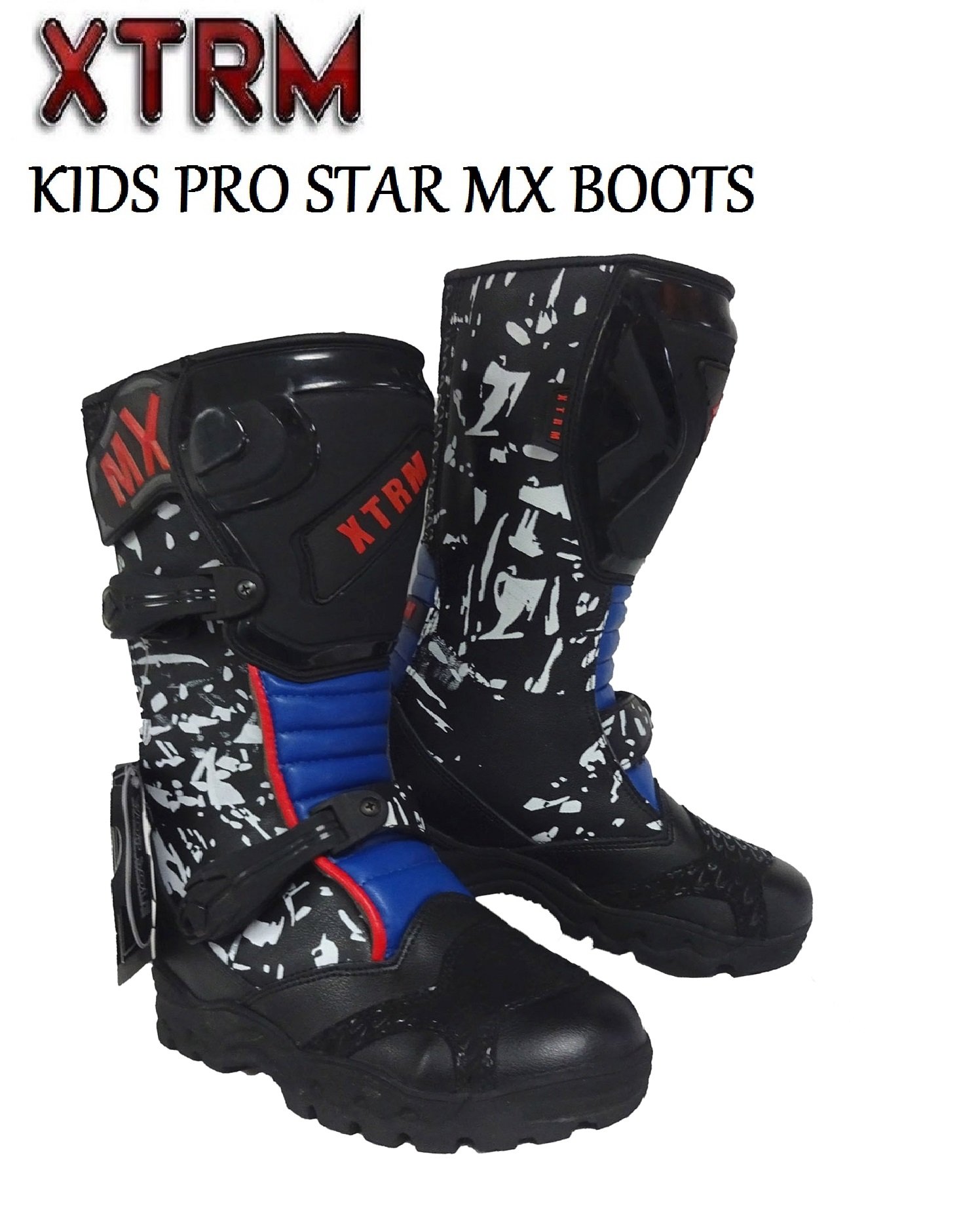 KIDS MOTORCYCLE BOOTS XTRM PRO STAR MX OFF ROAD BOOTS New Motorbike Quad ATV BMX MTB Motocross Dirt-Bike Junior Sports Racing Touring Boots (Camo Blue)