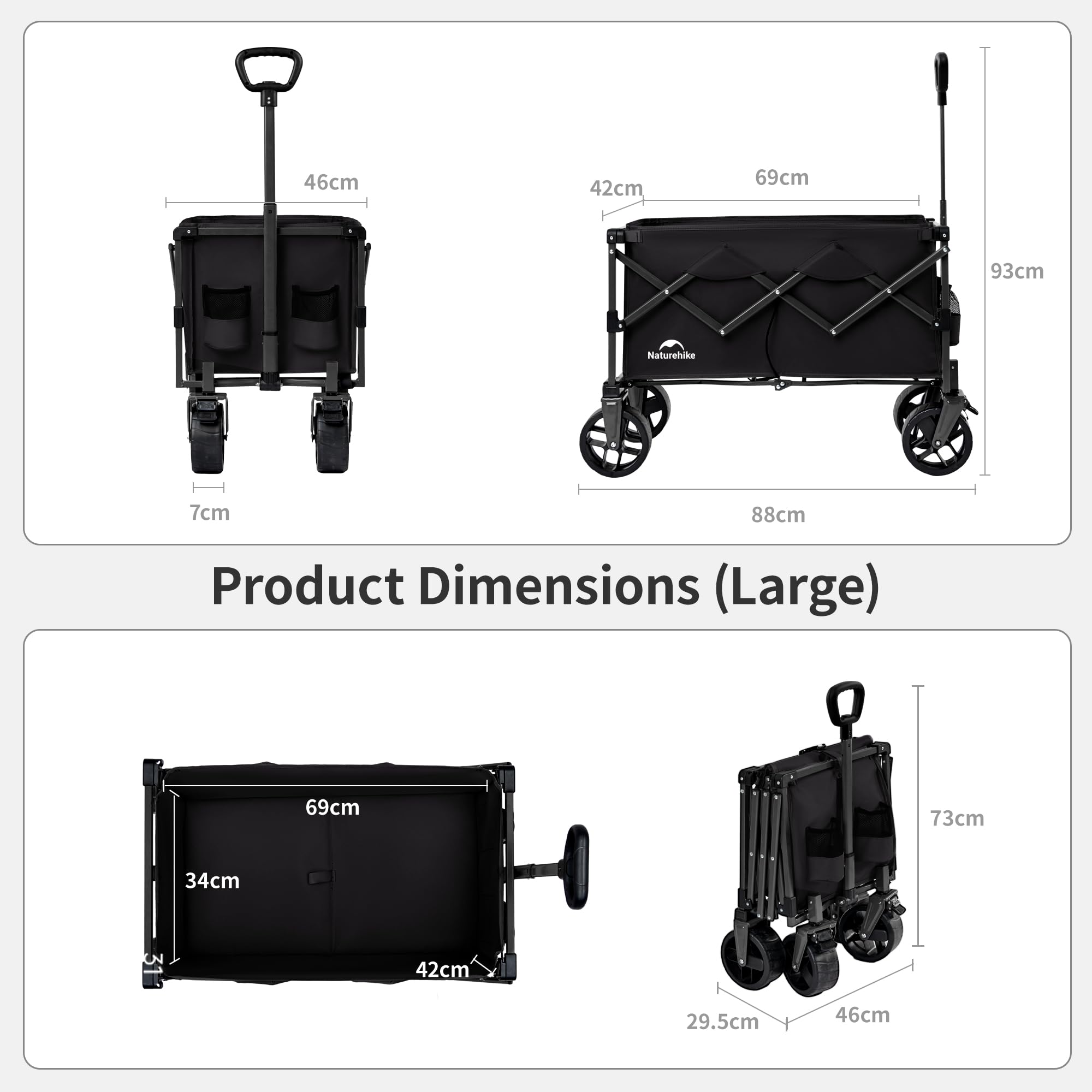 Naturehike Carrello da giardino pieghevole, carrello porta attrezzi da spiaggia adatto a tutti i terreni, con pneumatici larghi girevoli a 360 gradi, portata 120 kg, adatto per campeggio(Nero 100L)
