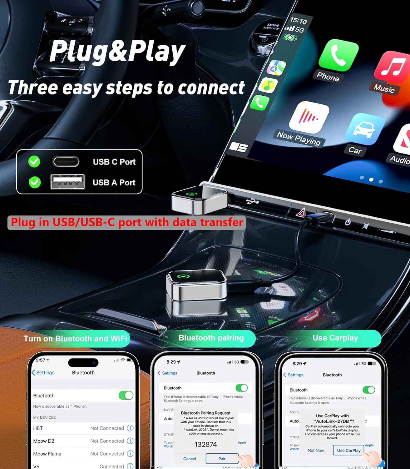 Wireless CarPlay Adapter for iPhone(2025 Upgraded),Mini Size & Plug - Play,Converts Wired to Wireless Apple CarPlay,No Delay Carplay Dongle for Apple iOS 10+/Android 11+ and Above - Image 6