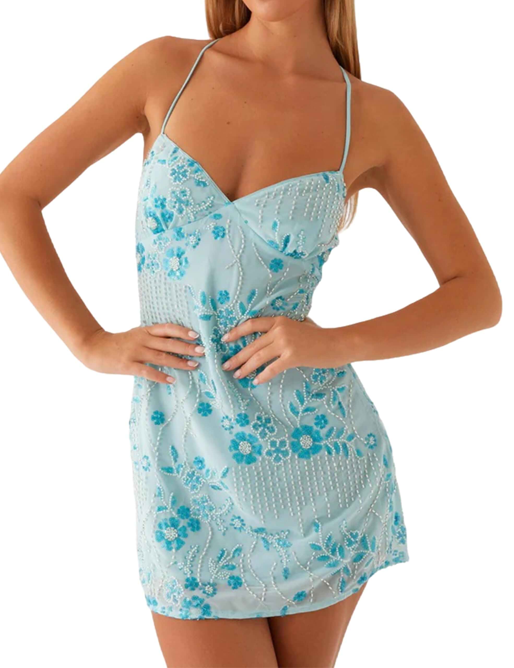 Sexy Sparkly Sequin Mini Dress for Women Sleeveless Halter Open Back Strap Club Party Cocktail Bodycon Short Outfits Sleeveless · Solid