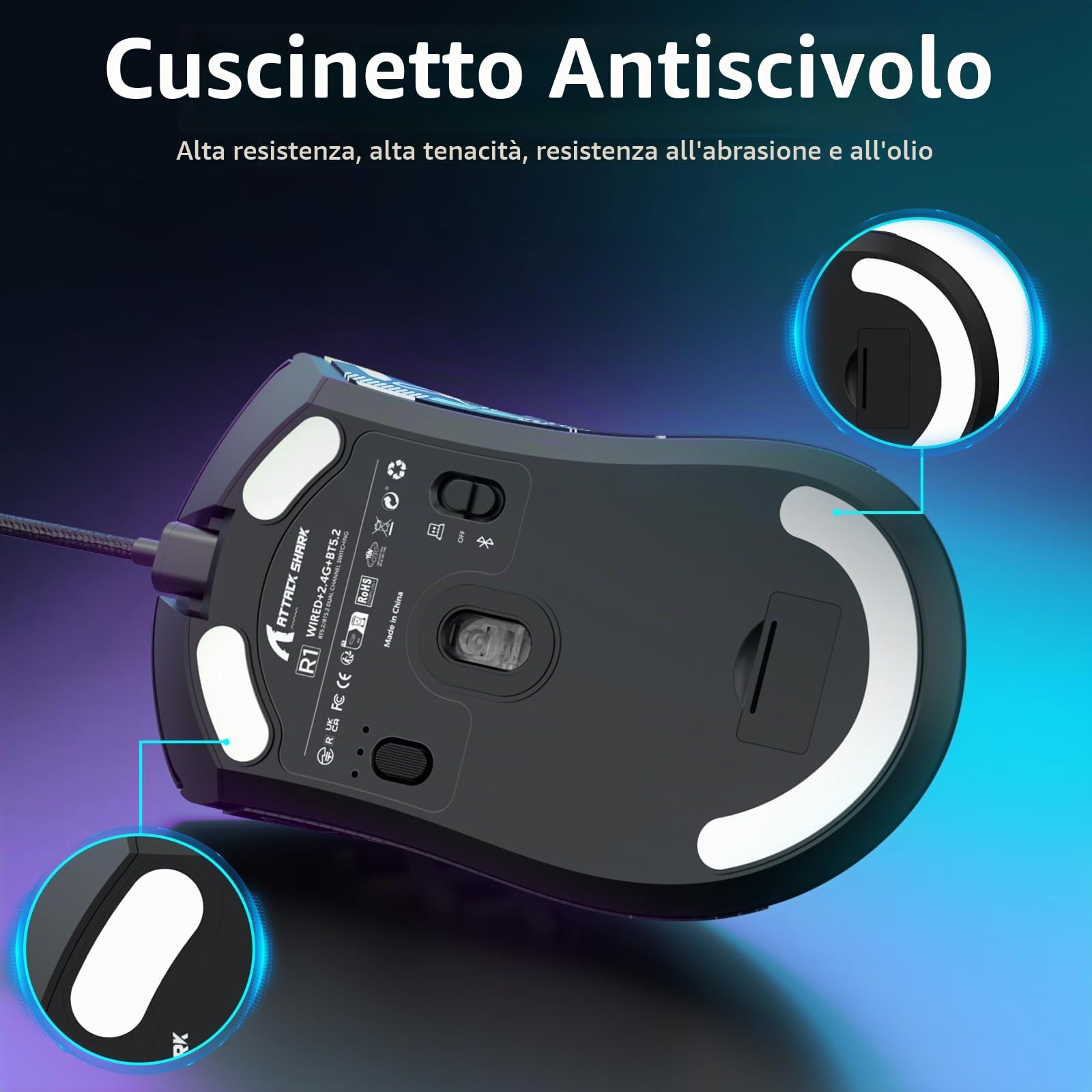 MAMBASNAKE x Attack Shark R1 Mouse da gioco wireless leggero a tre modalità da 59 g con adesivi antiscivolo, connettività 2,4 GHz/BT/cablata, 6 DPI regolabili fino a 18000, PAW3311-Nero