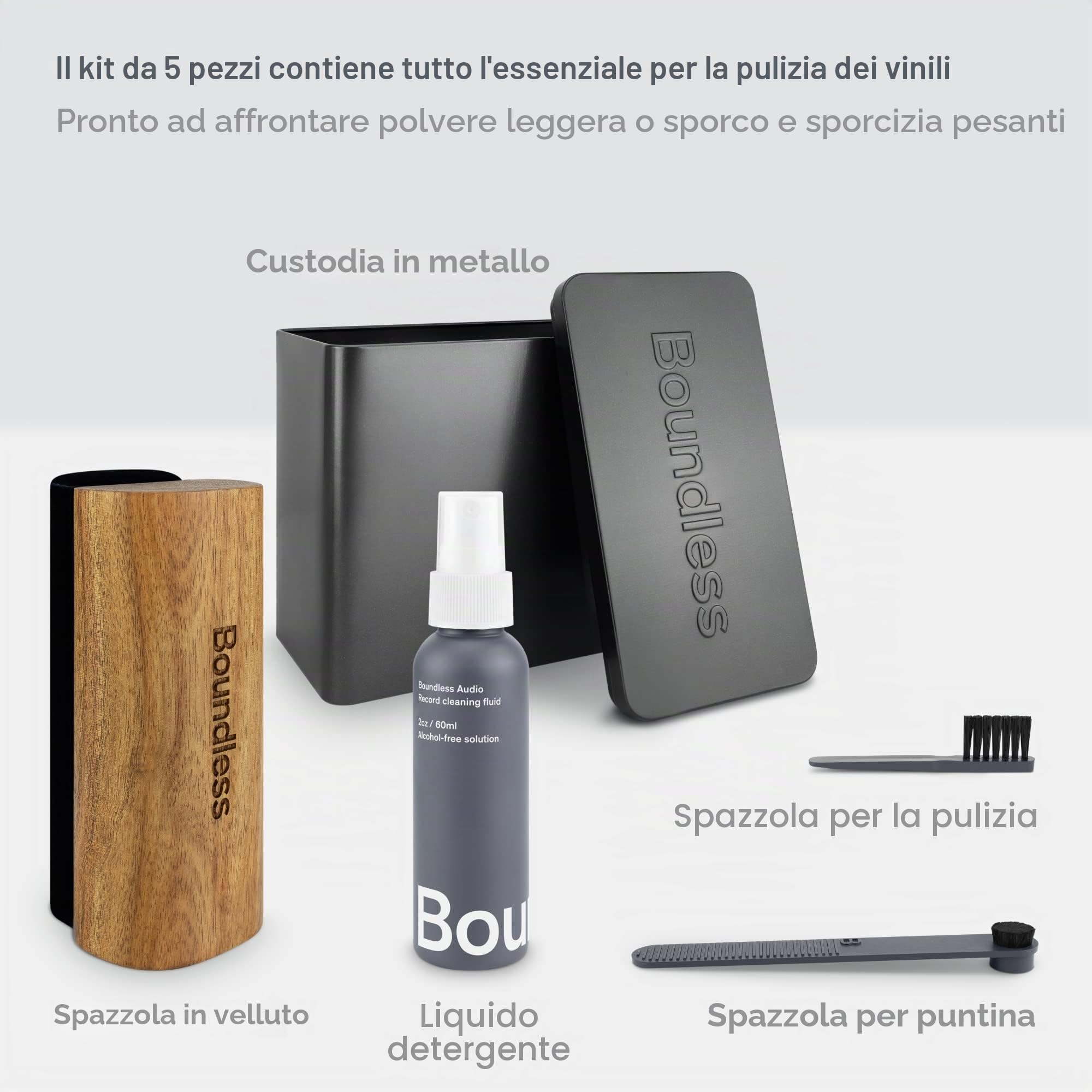Boundless Audio Kit per la pulizia dei dischi – Kit 5 in 1 per la pulizia dei dischi in vinile, include spazzola in velluto, pennello per pennino, soluzione per la pulizia dei dischi, spazzola per la