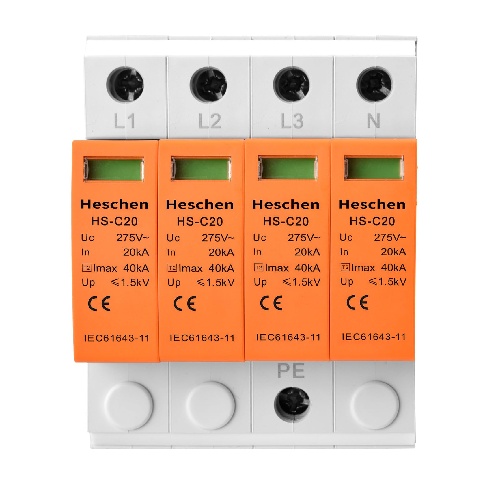 Heschen Dispositivo di protezione da sovratensione SPD, HS-C20, 275VAC 20KA, 4P, Ignifugo, Scaricatore a bassa tensione, Montaggio su guida DIN da 35mm