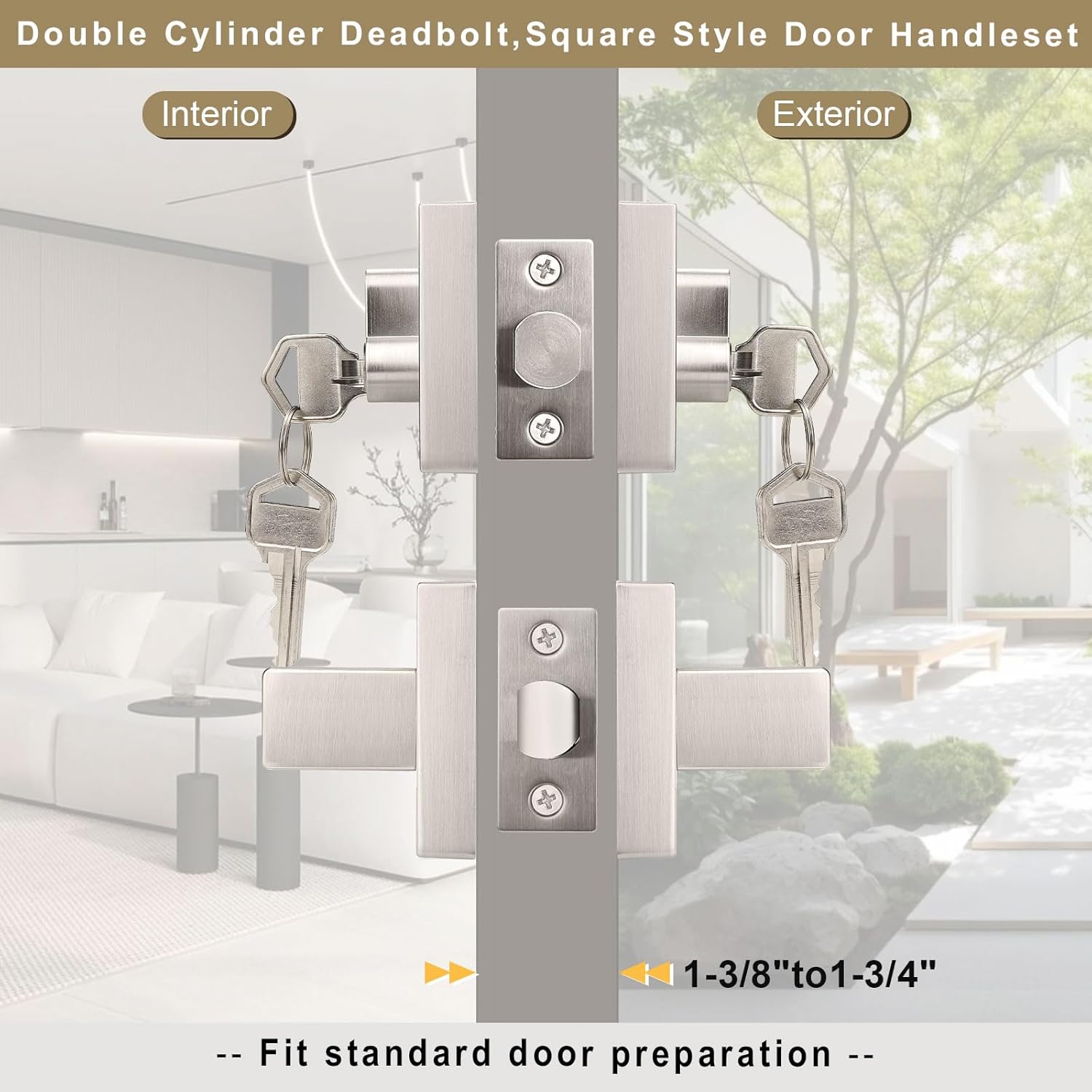 1 Pack Brushed Nickel Exterior Door Locksets Square, Heavy Duty Front Door Passage Handle and Double Cylinder Deadbolt Set, Keyed Interior/Exterior Nickel Door Handle for Bedroom