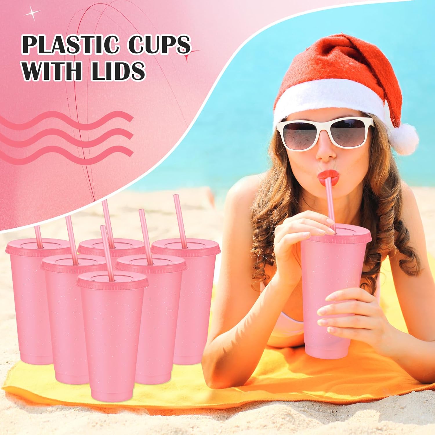 Uiifan 6 Pcs Reusable Tumbler with Lids and Straws Plastic Iced Coffee Tumbler Glitter Travel Mug Cup for Smoothie Juices Birthday Party Cold Drink Coffee Cup Bulk for Adult Kid Women(24 oz,Pink) - Image 5