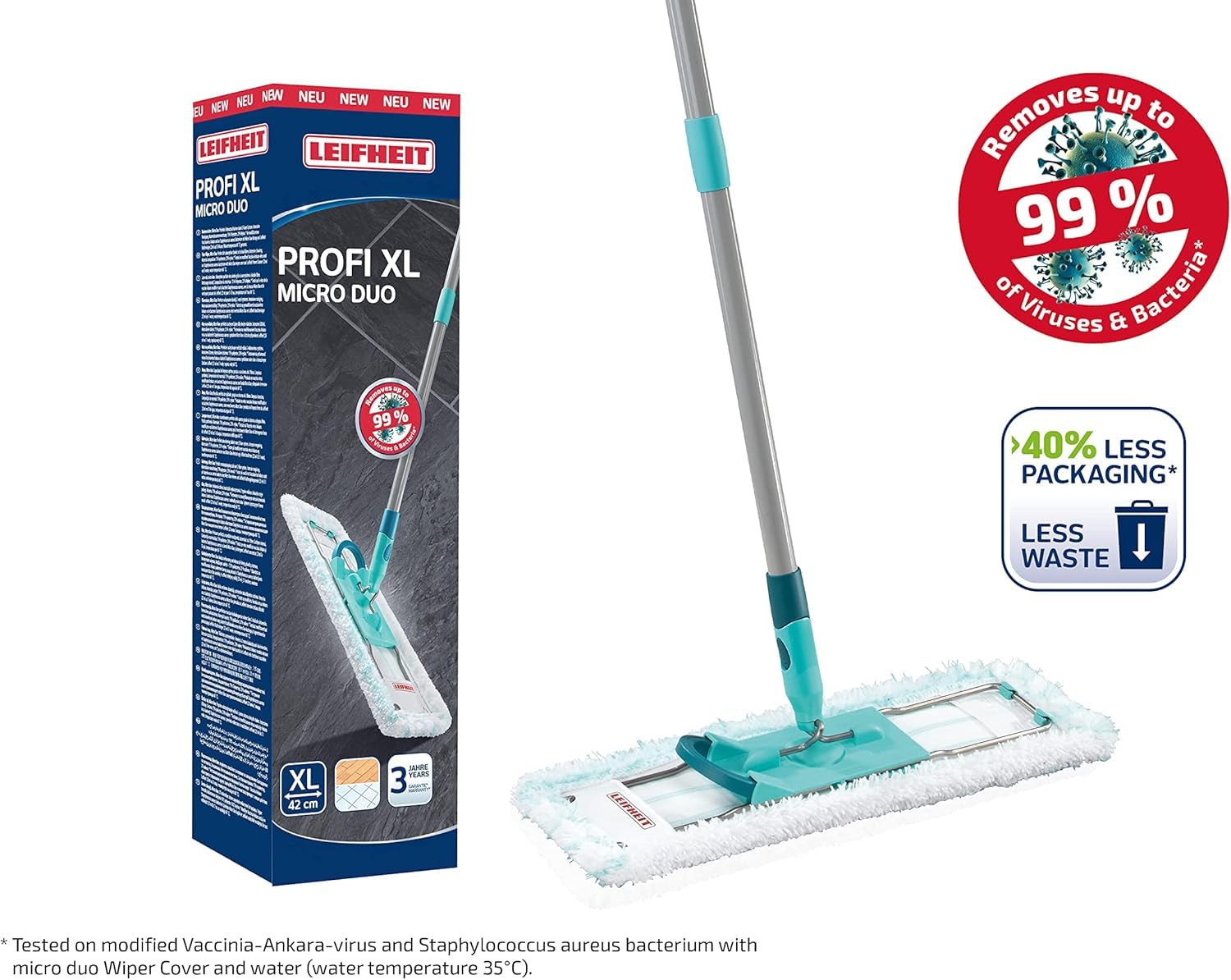 Leifheit Lave-Sol Profi XL Micro Duo Manche Acier, balai microfibre avec housse lavable et manche de 146 cm, balai à plat, accessoire ménage pour sols carrelés et stratifiés, tête 360 degrés