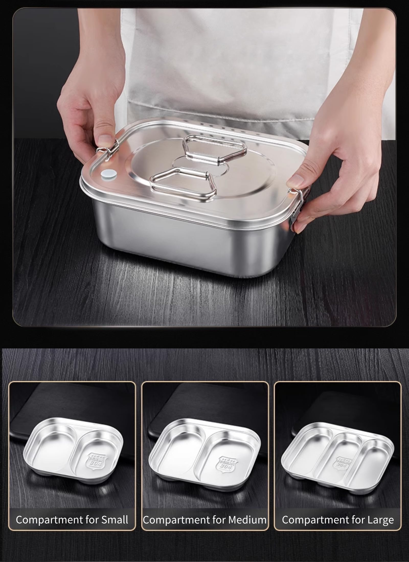 Diyeeni Pranzo Termico in Acciaio Inossidabile 304 con Coperchio Ermetico, Contenitore per Alimenti Antigoccia di Grande Capacità per Adulti, Design a Scomparti Quadrati, Lunchbo
