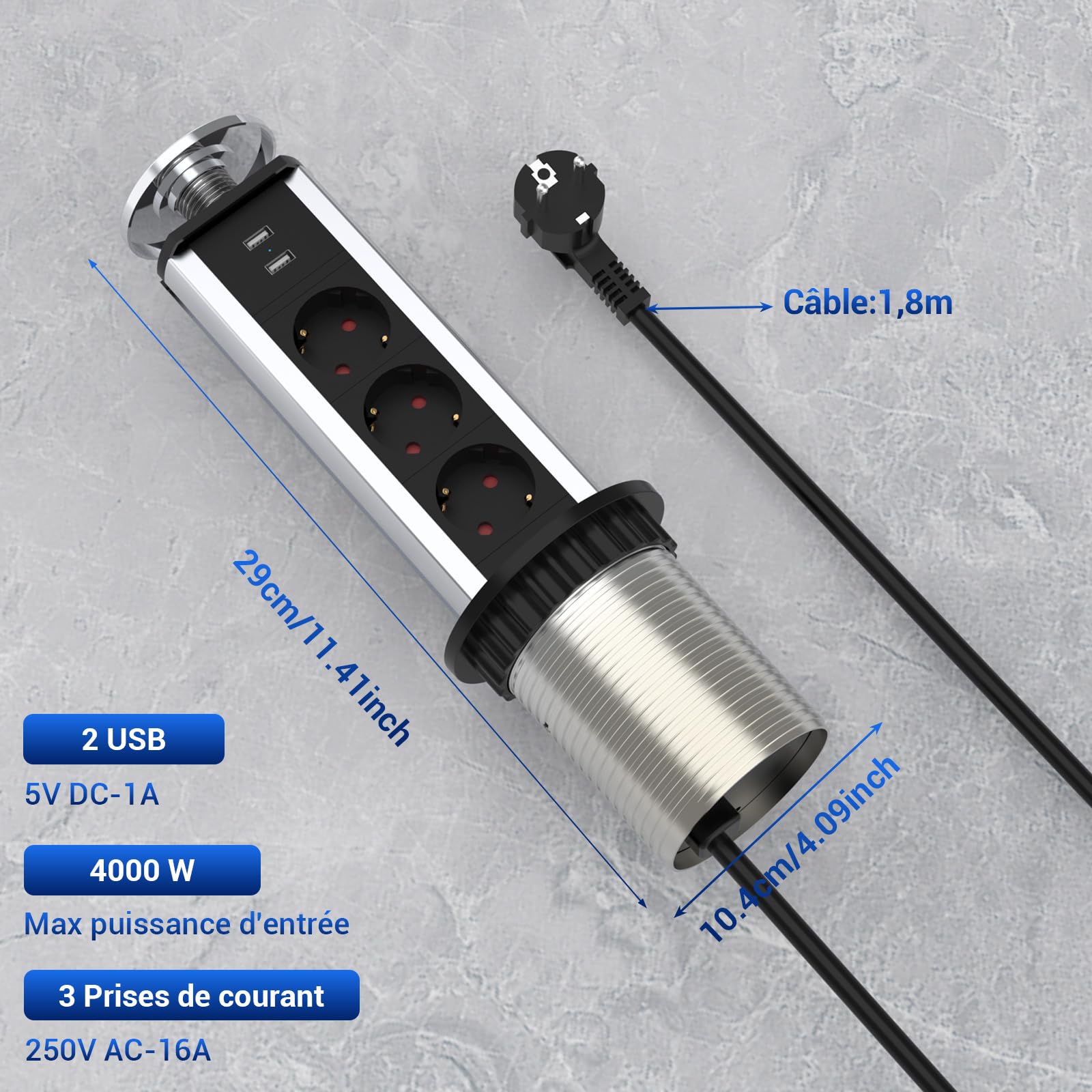 Presa a scomparsa piano di lavoro con 3 prese e 2 USB-A | Diametro 80 mm, cavo 1,8 m, multipresa da incasso per cucina, ufficio, camera da letto, soggiorno