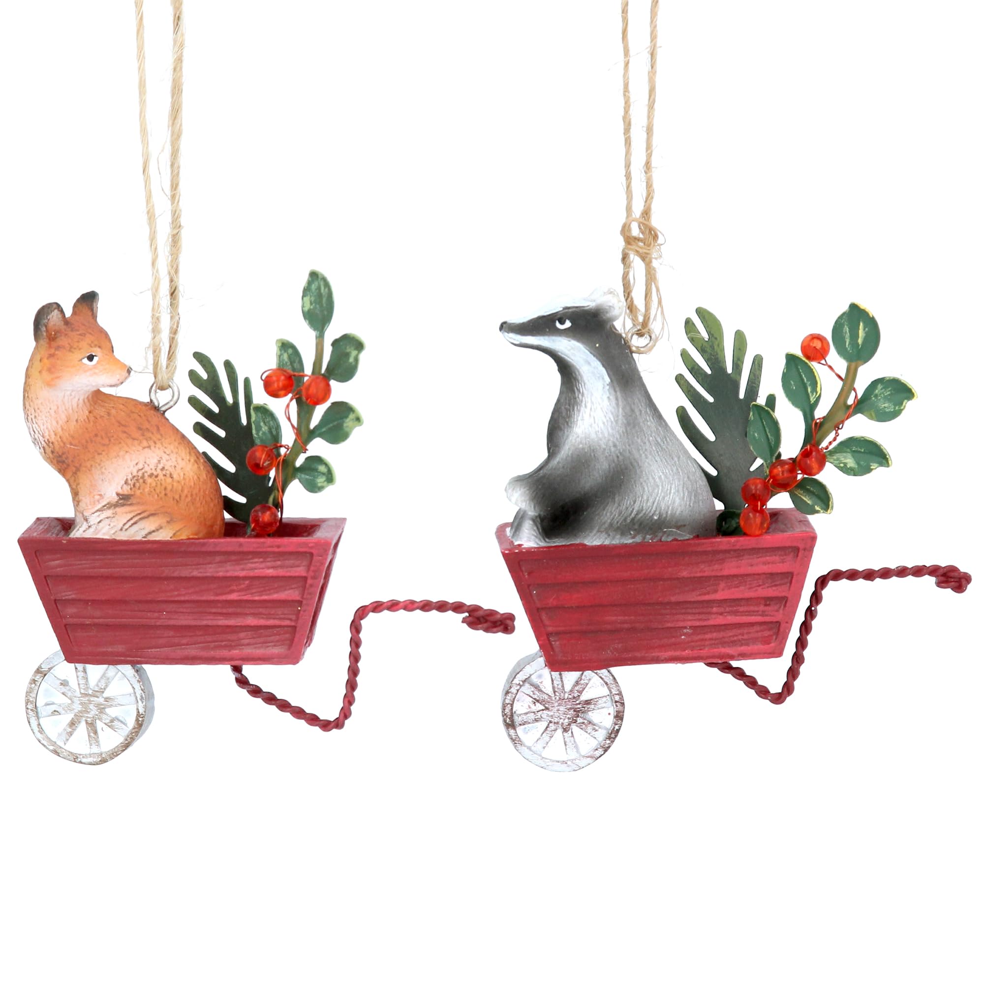 Gisela GrahamResin Resin Fox and Badger Decorations on Tin Wheel Barrow Set of 2 Assorted