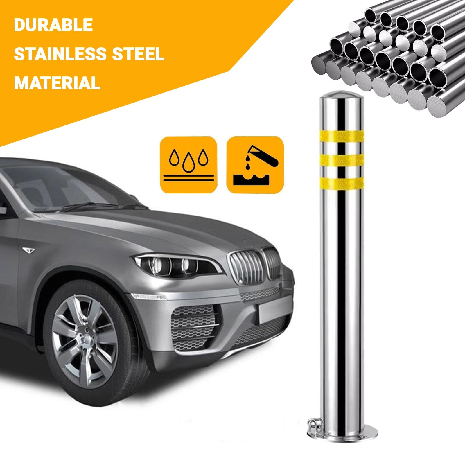 Generico Pali di delimitazione per parcheggio Resistenti e Rimovibili con Serratura - Acciaio Inossidabile con Nastro Riflettente, 4 Pezzi (Giallo, 60 cm/23,6 Pollici) per vialetti, Cantieri e Uso co