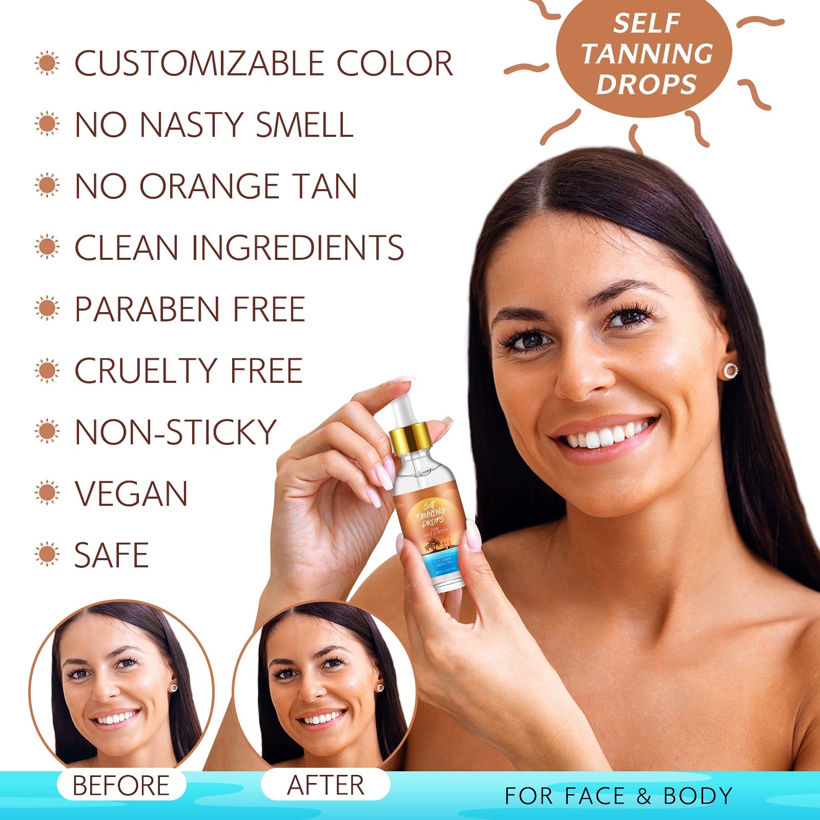 Gotas autobronceadoras: seguras y efectivas para la cara y el cuerpo|Gotas de bronceado 100% naturales con ingredientes orgánicos|Gotas bronceadoras para la cara con crema hidratante|Vegano y cruel