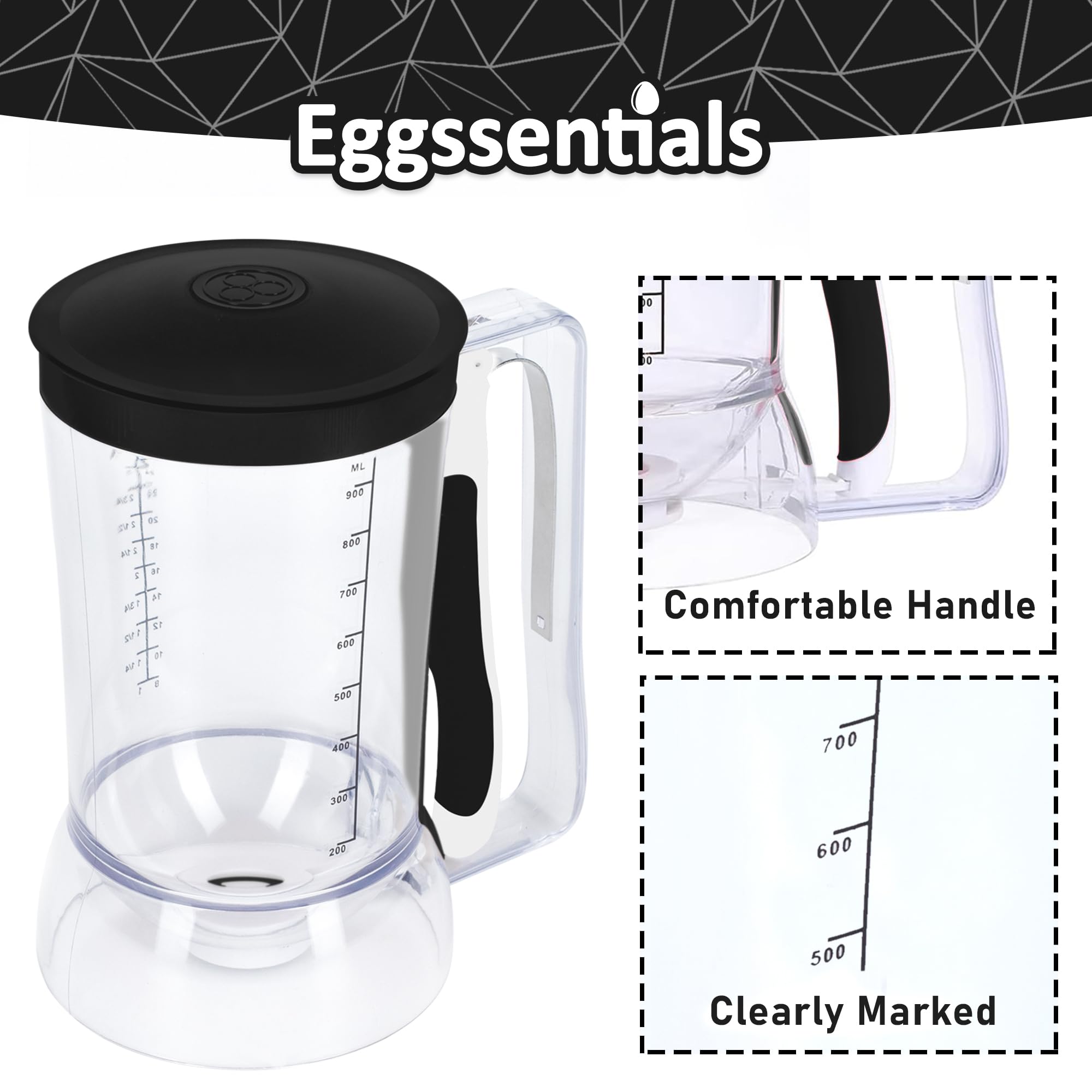 Eggssentials – Dispensador de masa con mango para apretar sin desorden, dispensador de masa para panqueques, cupcakes, gofres y más – Botella dispensadora de panqueques duradera y fácil de verter para