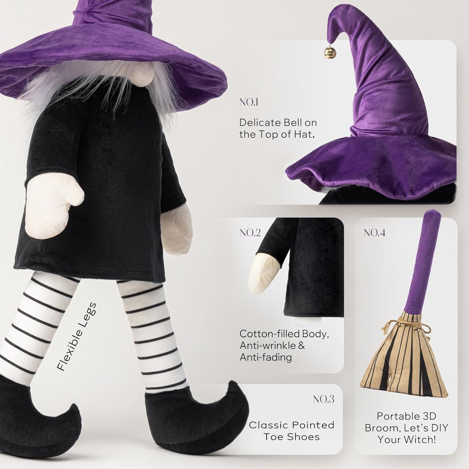 Phantoscope Happy Halloween Shaped Throw Pillow, Ghost Pillow with Witch Hat, Witch Shaped Pillow with Bell Soft Velvet 3D Halloween Throw Pillow for Couch, Purple, 28 x 14 inch