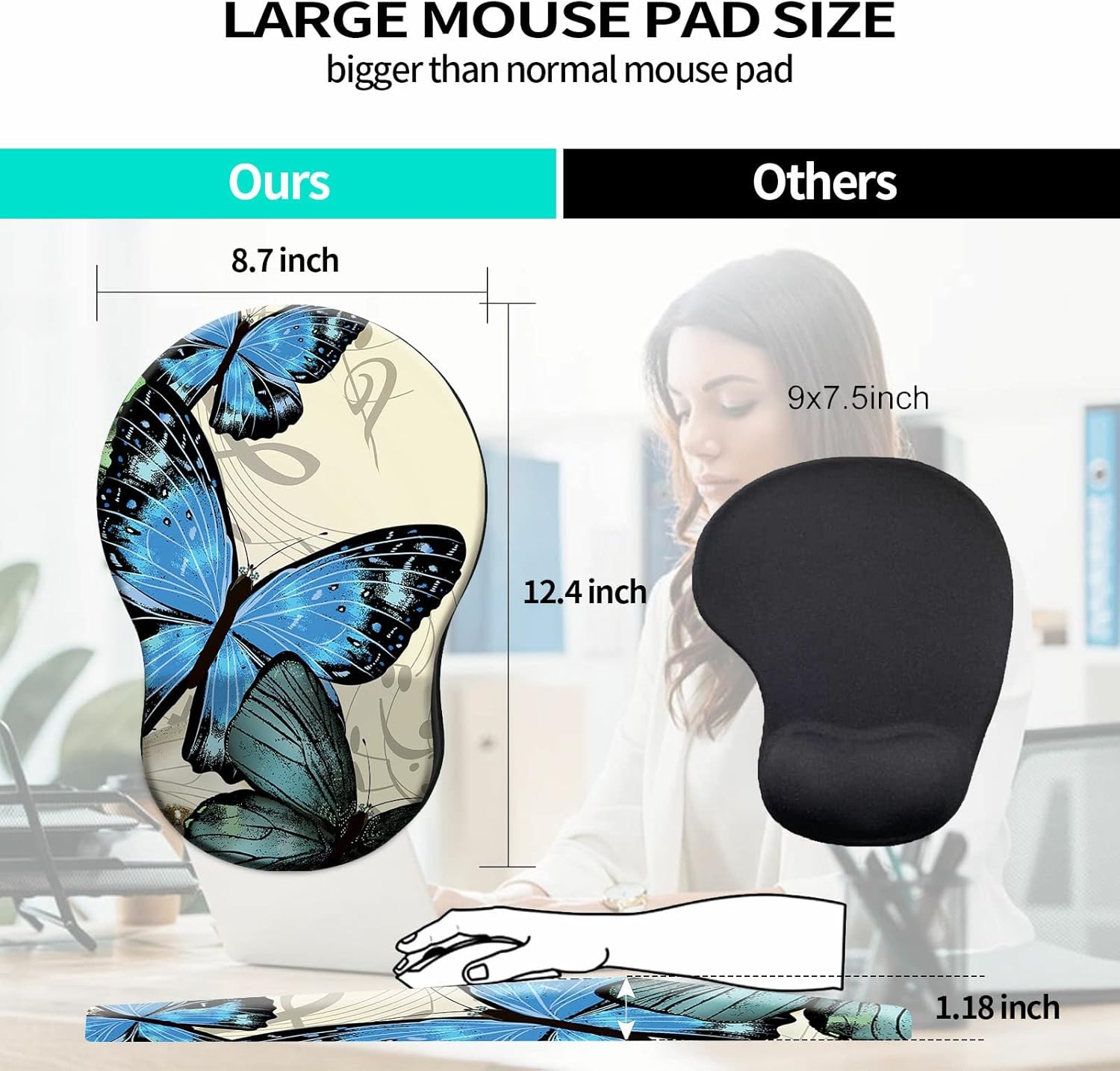 Mouse Pad with Wrist Support Gel Blue Butterfly Pattern Design Ergonomic Gaming Mousepad with Wrist Rest for Laptop Computer Home Office Working Mouse Mat + A Cute Coffee Pad