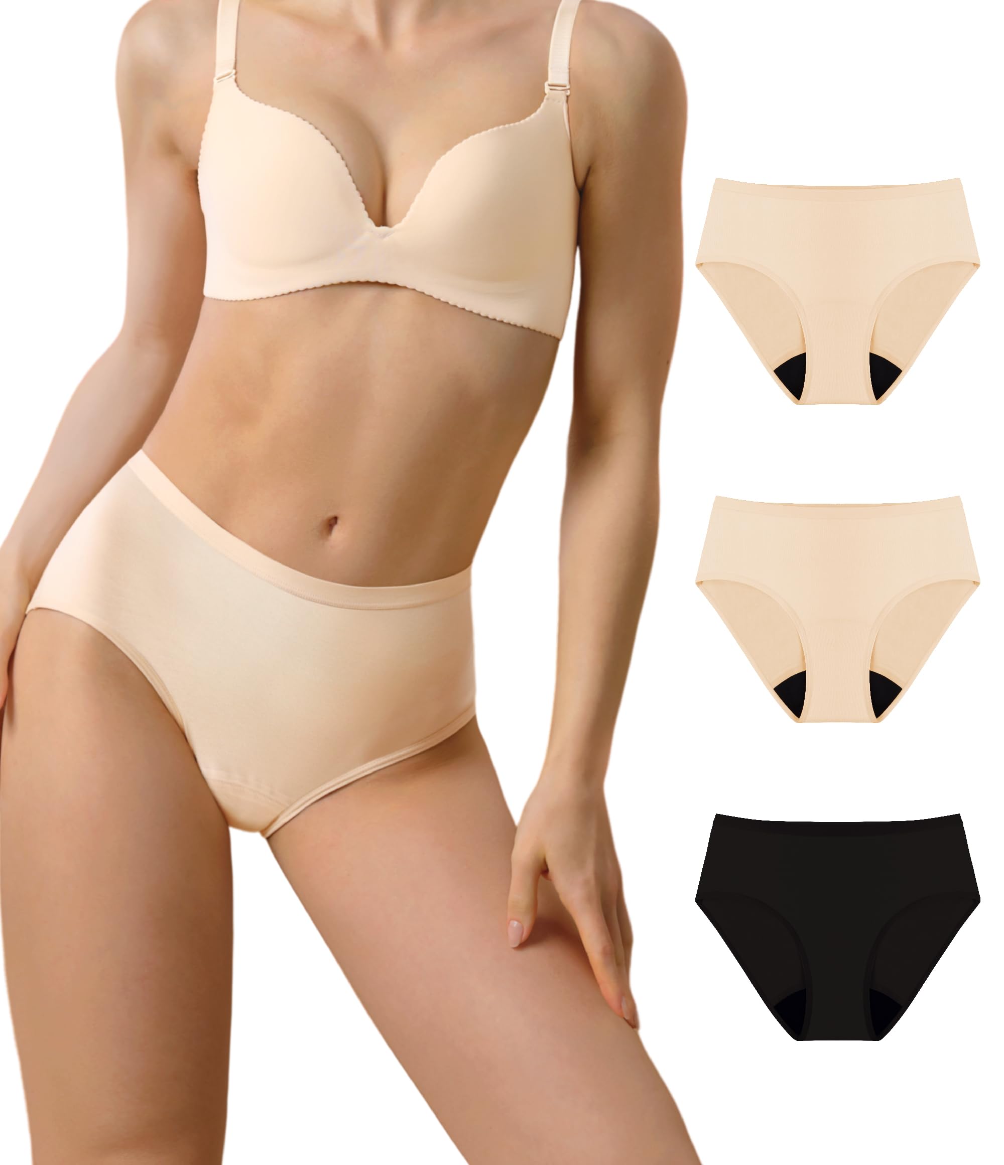 IRISMORII Adult Womens Incontinence Protective Underwear Washable Bladder Leak Proof Postpartum Panties 56ml Absorbency 3 Pack (Skin-Skin-Black, M)