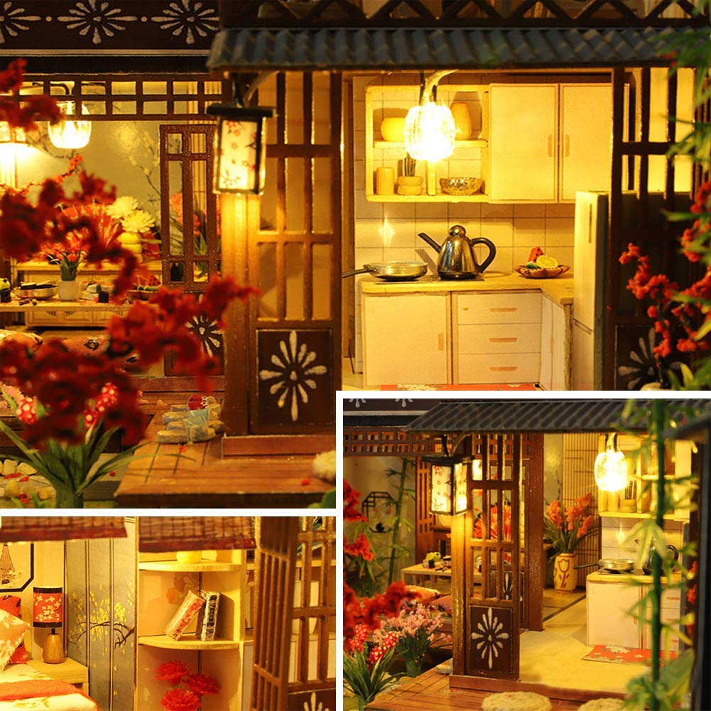 DIY Japanische Villa Szene Architekturmodell Kirschblüten Garten montiert Spielzeug Haus Musikhaus Kit mit Staubschutz 3D Puppenhaus Kreatives Geschenk