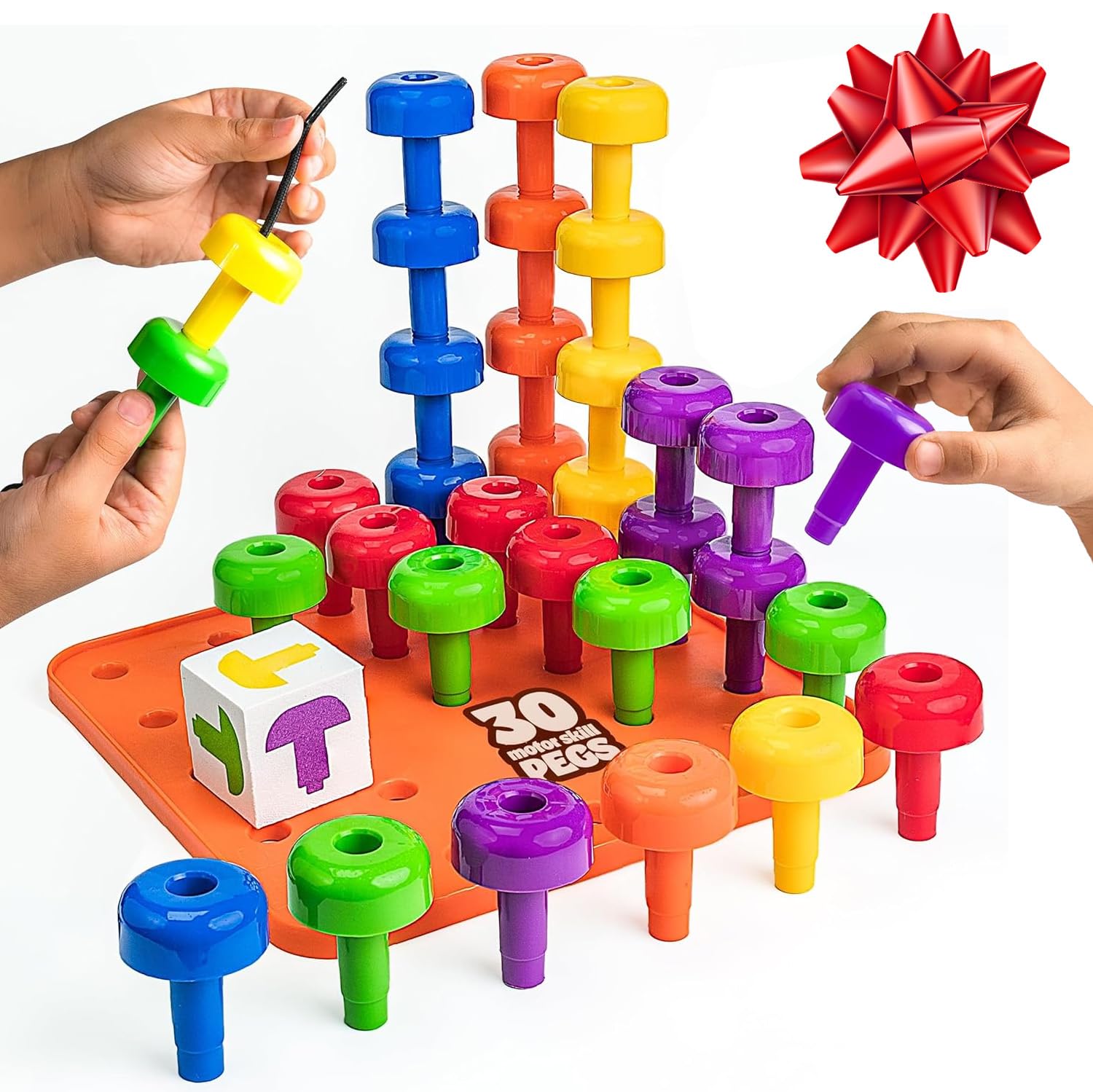 Skoolzy Peg Board Set - Montessori Toys for 2 Year Old - 33 Pc Plastic Peg Board for Kids - Occupational Therapy Toys with Pegs, Dice, Lacing String & Storage Bag