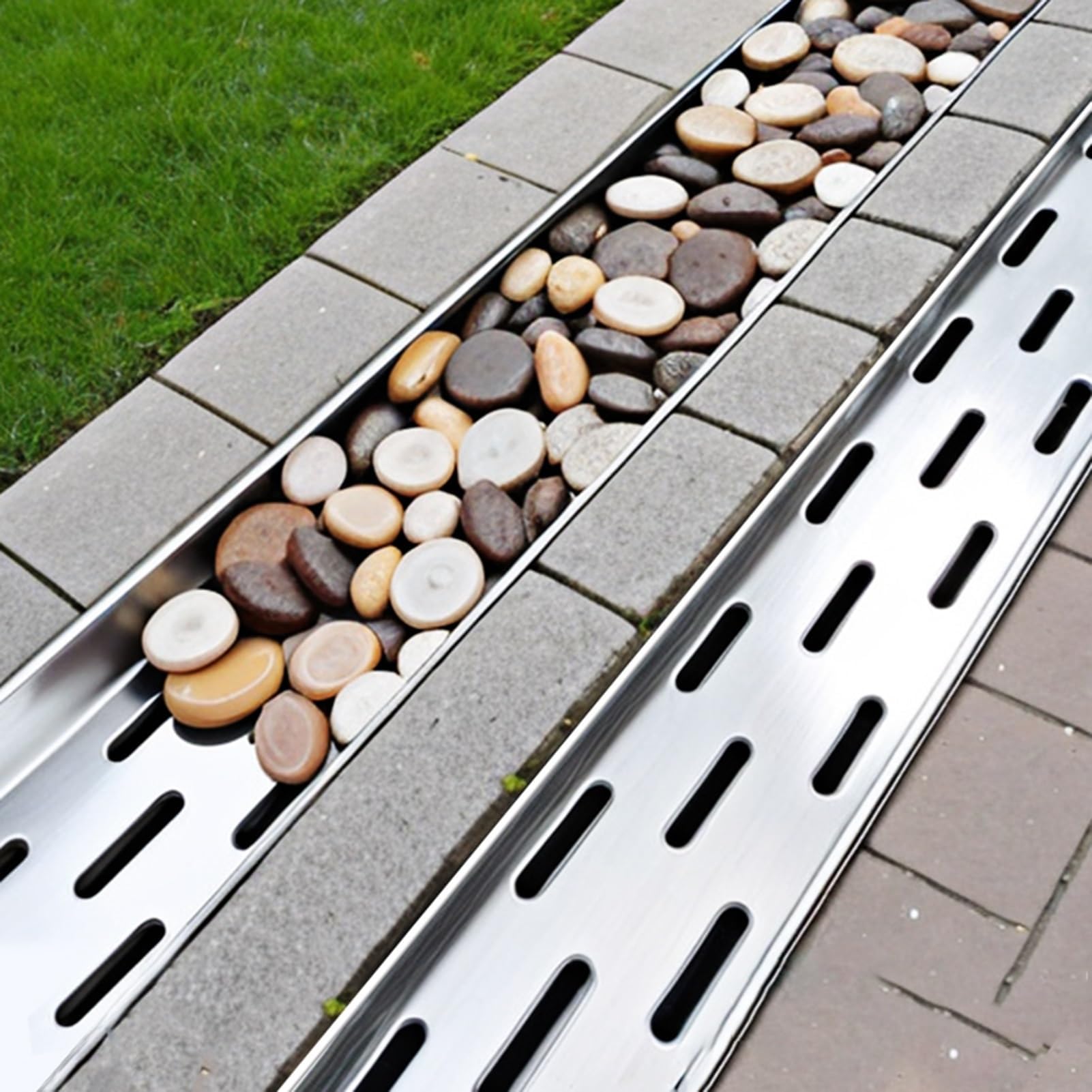 Cobblestone Trench Drain System - Deep Channel Drain Kit with Metal Cover, Rainwater Drainage Grates for Garden Landscaping (39.3x5.9x7.8in) - Heavy Duty, Efficient Water Management