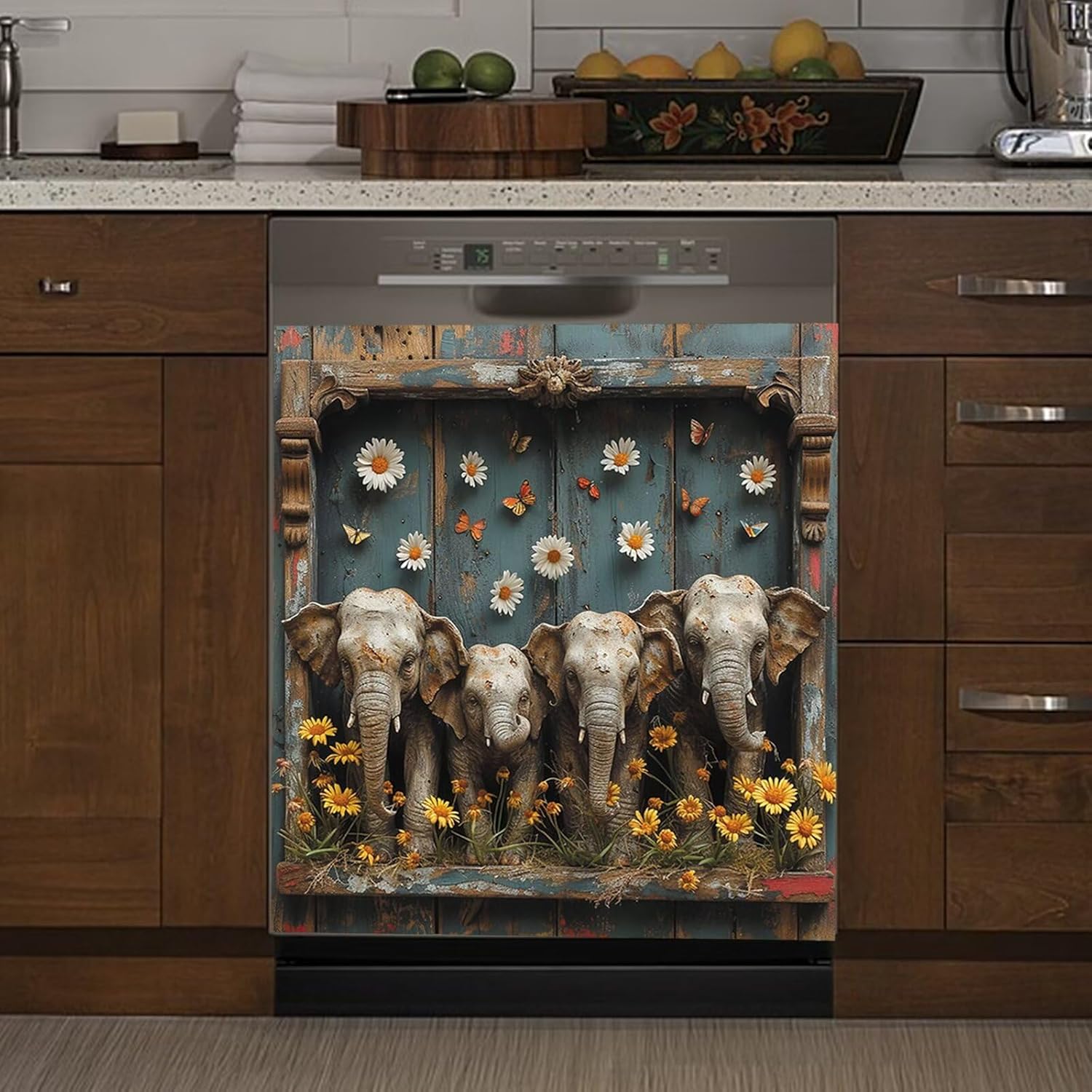 Elephant Dishwasher Magnet Cover, Vintage Wood Dishwasher Sticker Sign, Daisy Sunflower Magnetic Cover for Appliance Decoration, Farmhouse Style Decal Refrigerator Covers Magnet, 23 W x 17 H inch