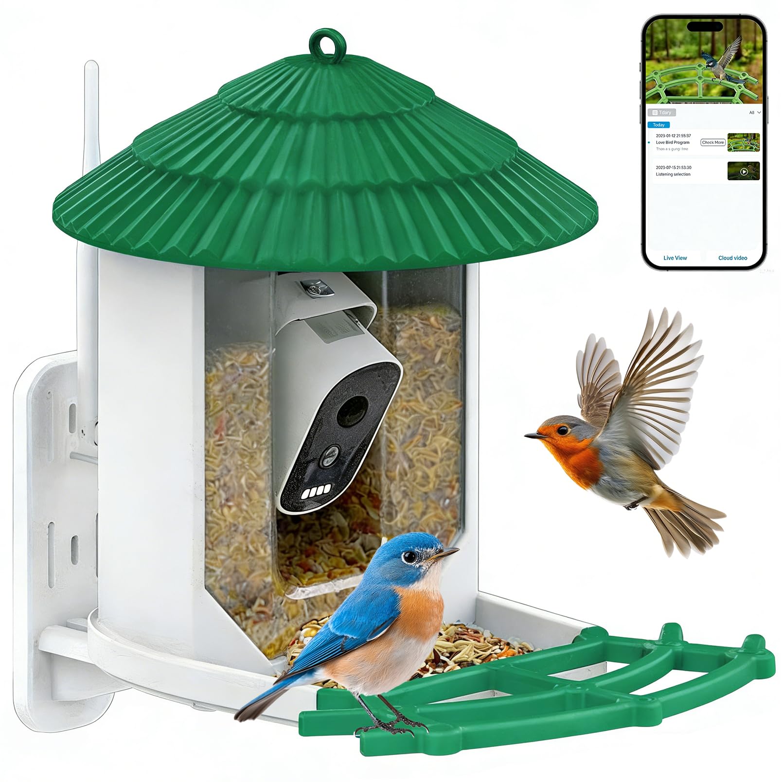 Smart Bird Feeder Camera with 1080p HD Resolution, 5200mAh Bird Feeding Stations with Wi-Fi camera and Solar Powered, AI Identify Birds, IP65,Night Vision,Notifications, Automatic Video Recording