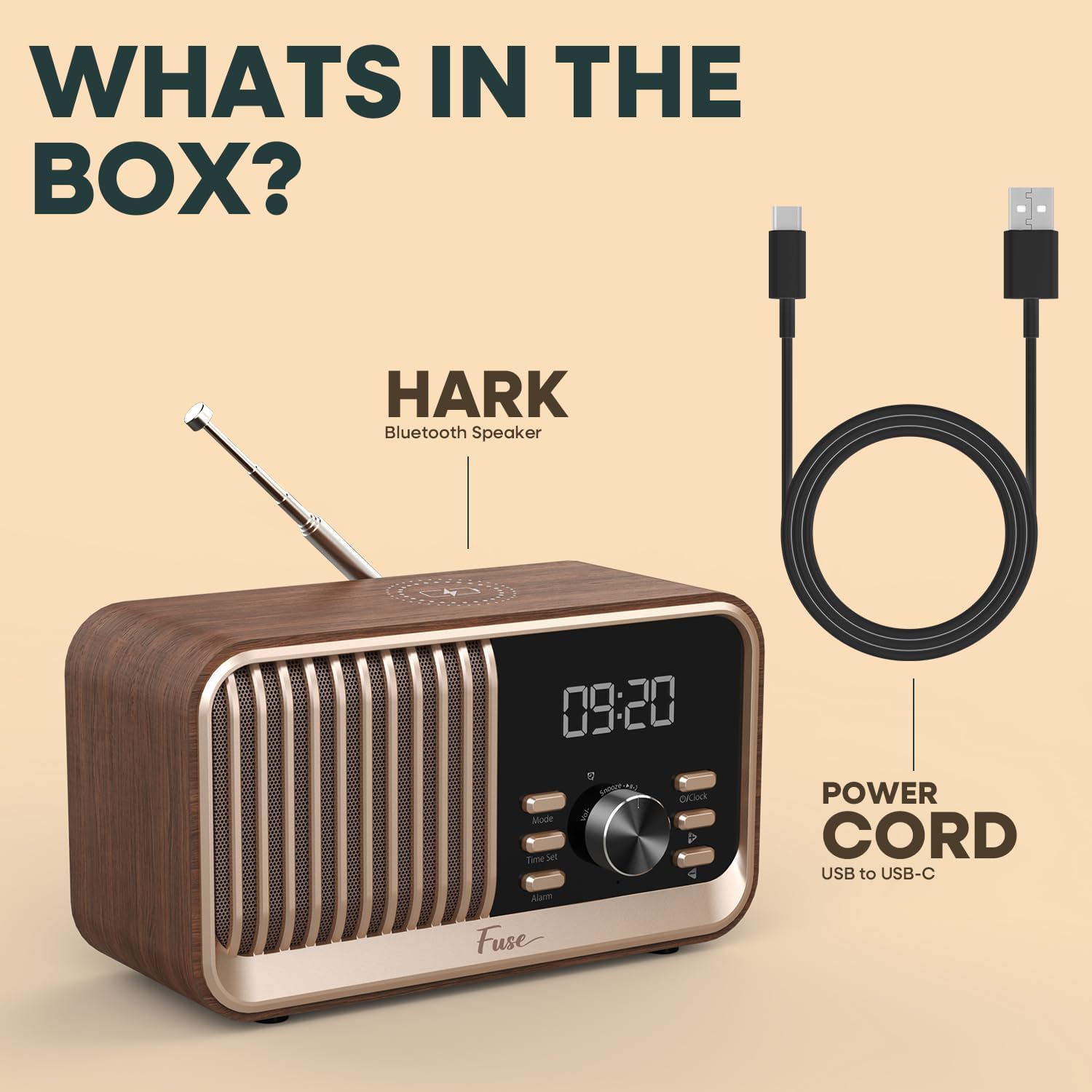 Fuse Hark Bluetooth Radio Speaker | Wireless 10W Charger | FM Radio Speaker with Bluetooth & AUX Input | Alarm Clock | 3 Level Dimmer | Charging Block Included