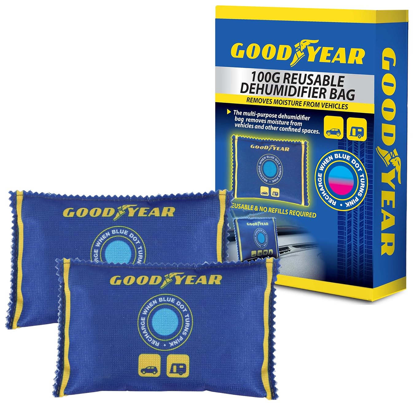 Goodyear Blue 2 Pack Car Dehumidifier Bag | Reusable | Anti Mist Moisture Condensation Absorbing | Keep Windows And Windscreen Clear Of Water Vapour | Also Suitable For Small Rooms