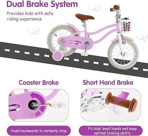 Miniatura 4 de HONEY JOY Bicicleta para niños de 12, 14, 16, 18, 20 pulgadas, con ruedas de entrenamiento, freno de mano y freno de posavasos, cadena totalmente