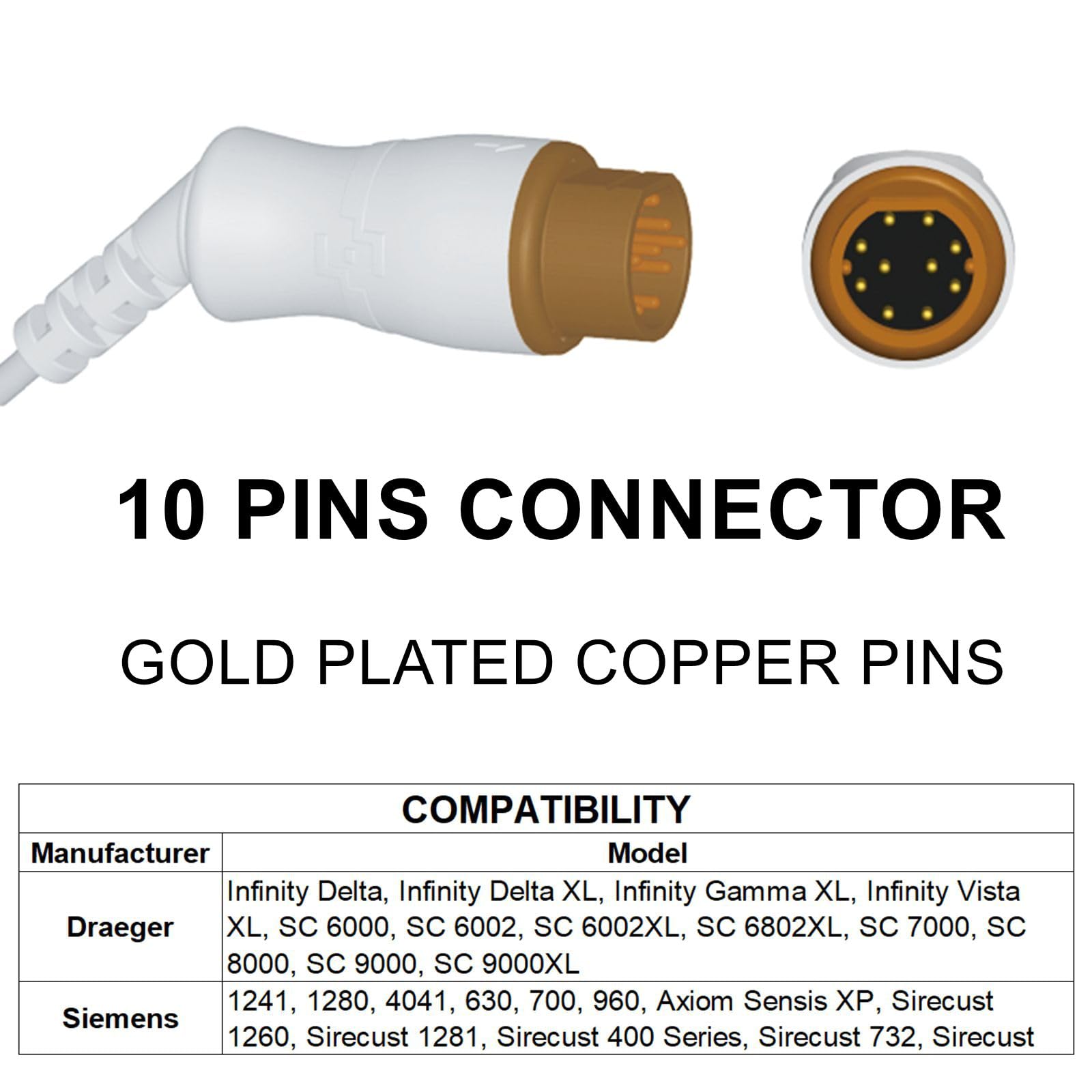 skmeditec 10.5FT IBP Adapter Cable Compatible with Draeger Siemens, Reusable Cord with 10 Pins Connector (PVB Connector)