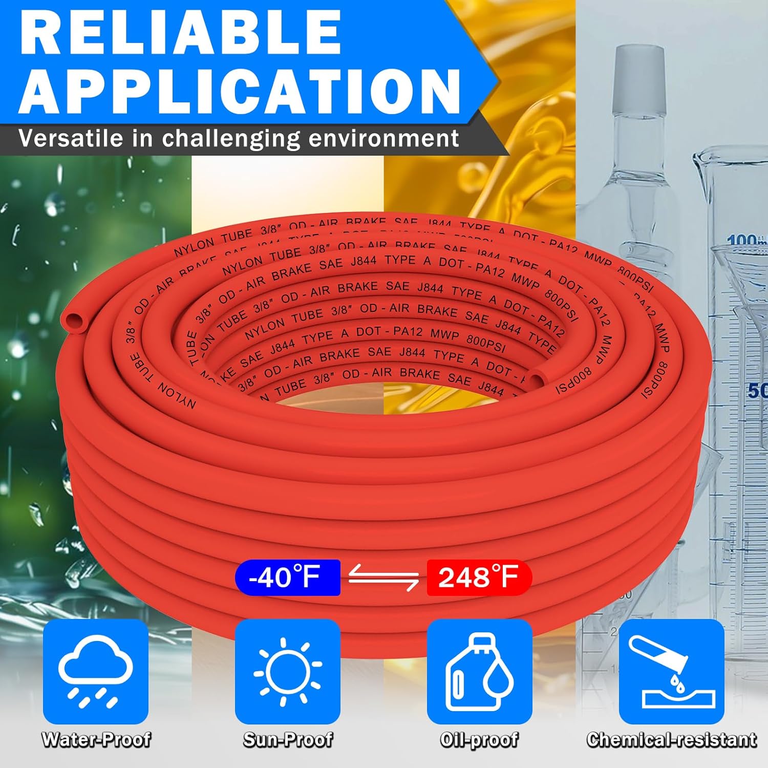 CheeMuii 100 FT 3/8" DOT Air Line Red 3/8 PA12 Nylon Pneumatic Tubing 30.5 Meter 3/8 Inch OD Pneumatic Air Tubing Pipe Hose Line for Semi Truck Trailer or Industrial Air System