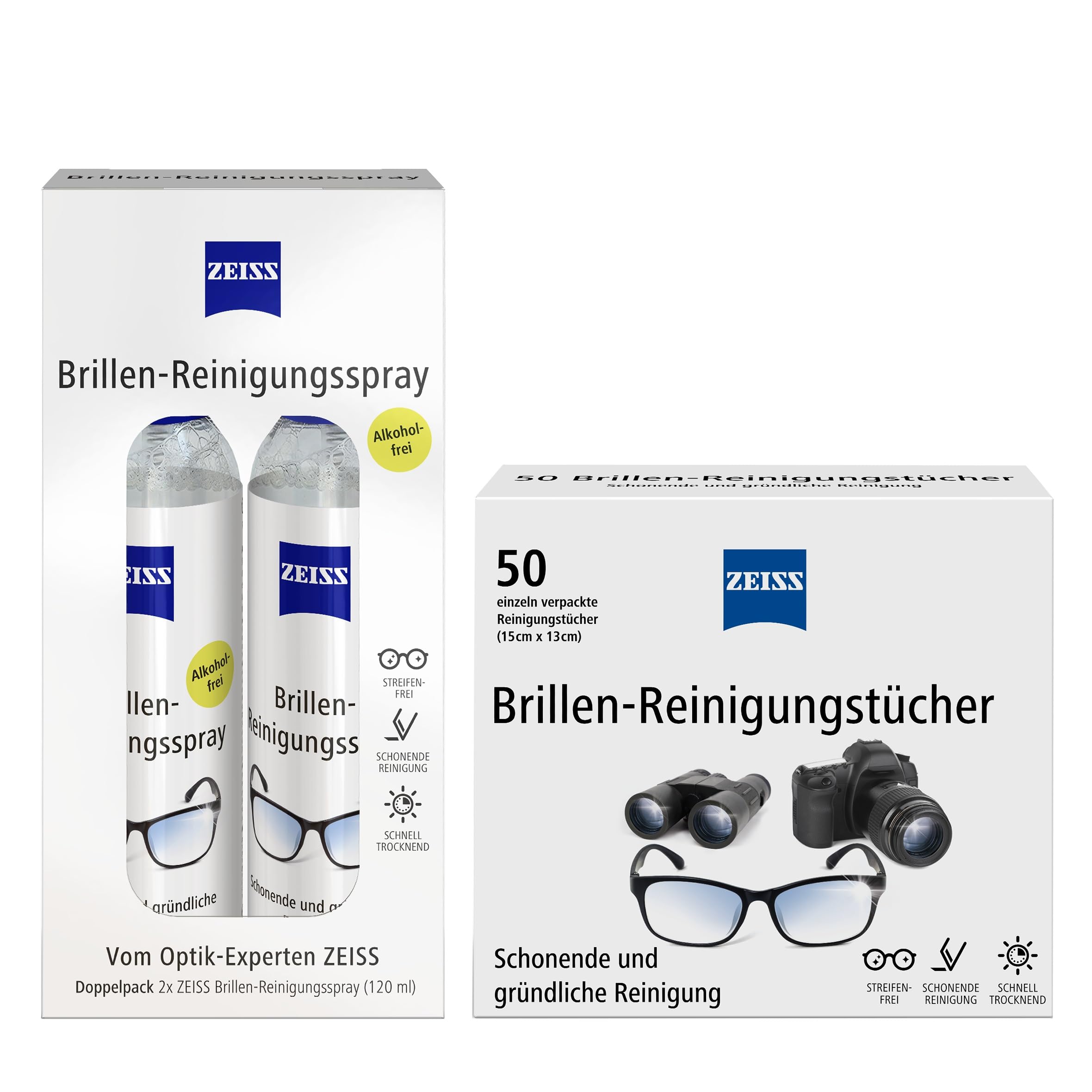 ZEISS Set aus 1x Brillen-Reinigungs-Spray alkoholfrei Doppelpack 2x 120ml und 1x ZEISS Brillen-Reinigungstücher mit Alkohol 50 Stück