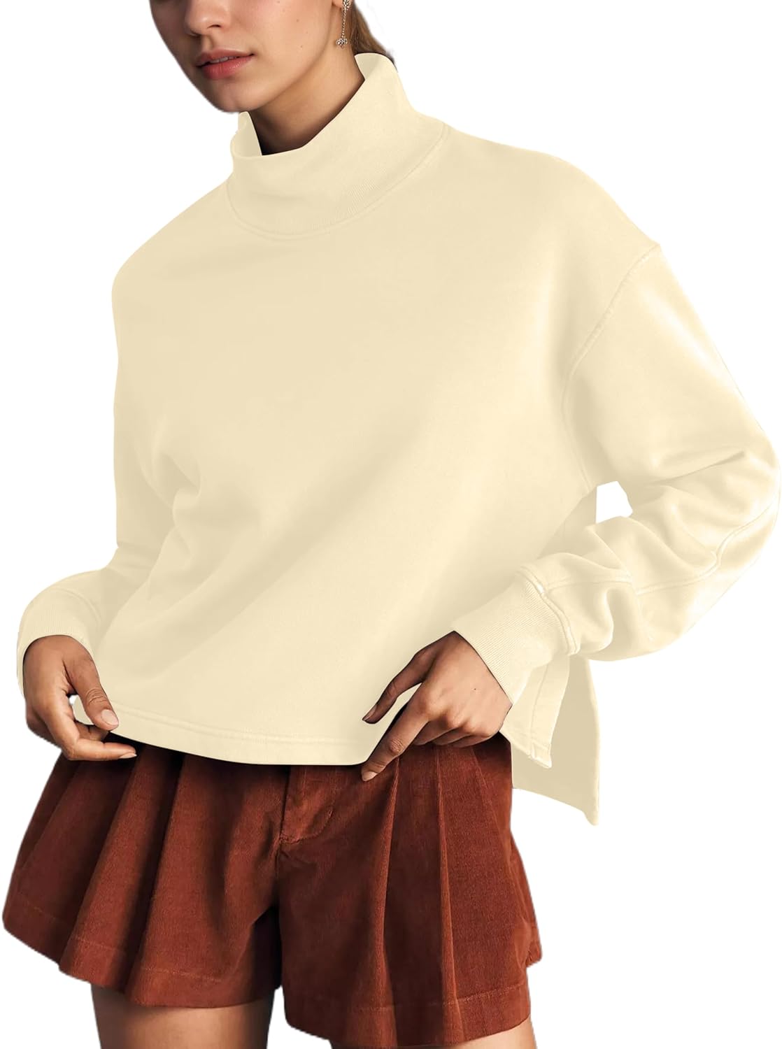 Ythomm Womens Mock Turtleneck Sweatshirt Long Sleeve Side Slit Pullover Tops Casual High Low Hem Drop Shoulder Sweatshirts