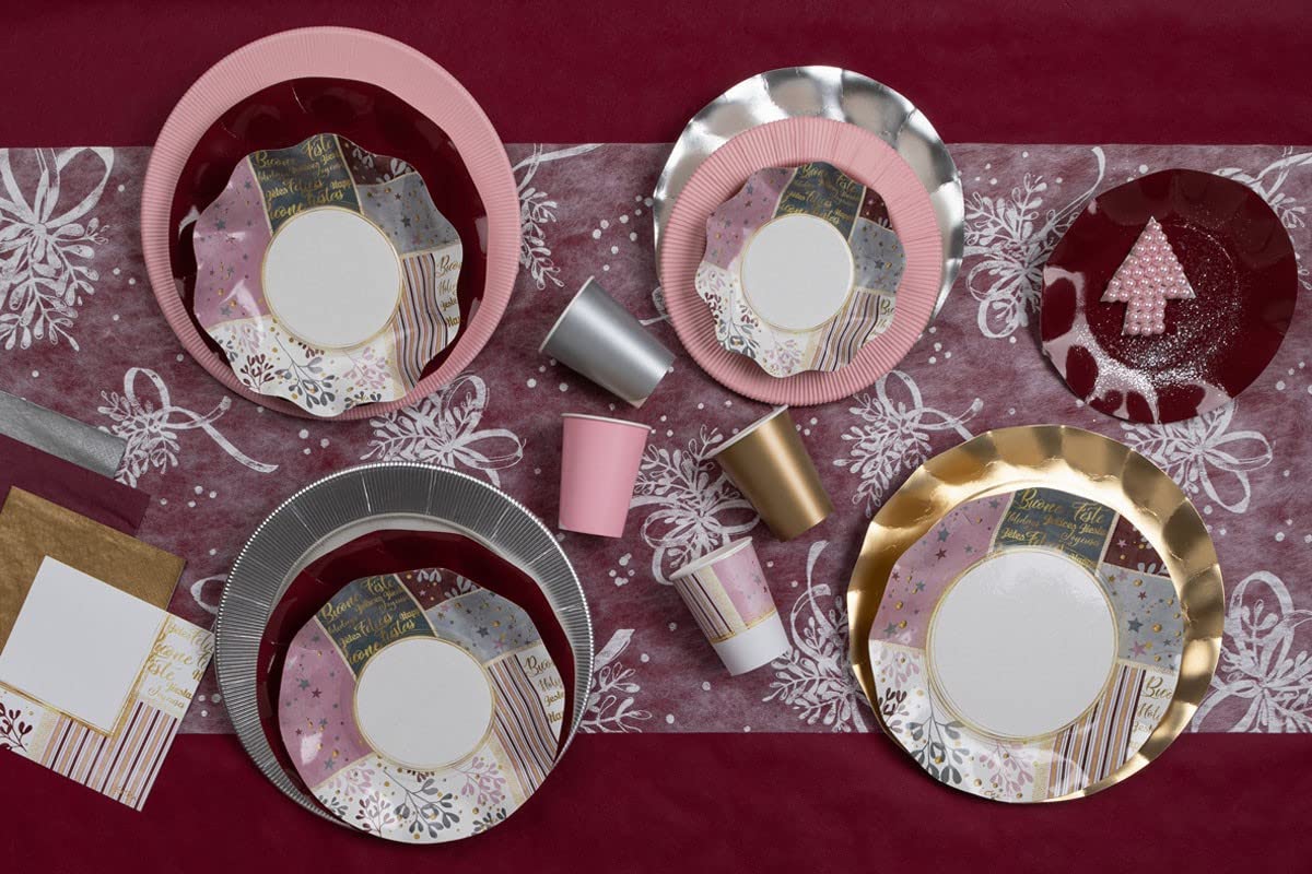 Kit de table de Noël Rose Gold Christmas pour 8 personnes avec 8 assiettes creuses de 24 cm à 18,5 cm, 8 assiettes plates de 27 à 24 à 21 cm, 8 gobelets en papier de 250 cc et 20 serviettes de table